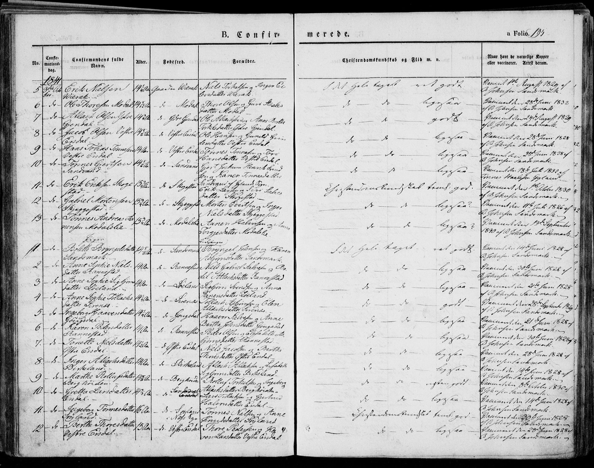 Bakke sokneprestkontor, SAK/1111-0002/F/Fa/Faa/L0004: Parish register (official) no. A 4, 1834-1846, p. 195