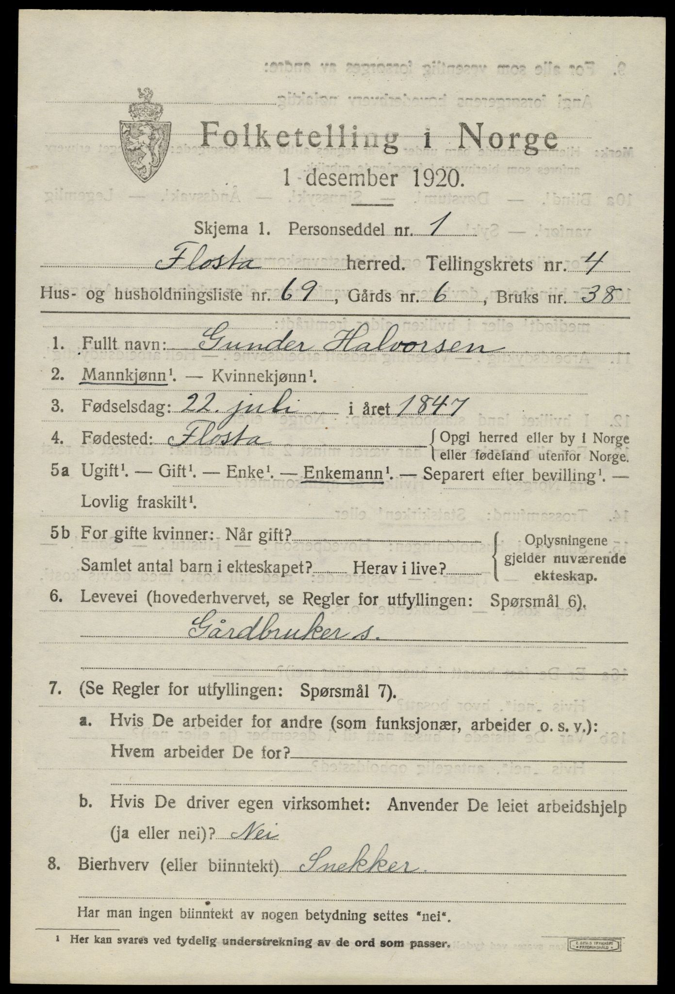 SAK, 1920 census for Flosta, 1920, p. 2850