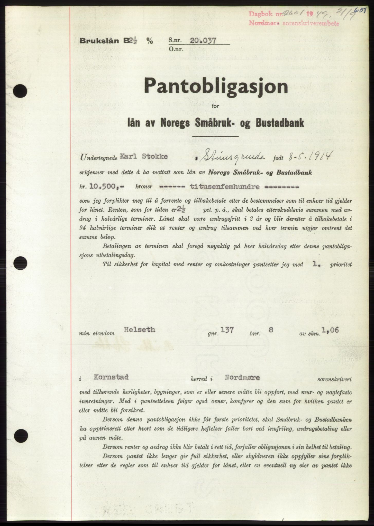 Nordmøre sorenskriveri, AV/SAT-A-4132/1/2/2Ca: Mortgage book no. B102, 1949-1949, Diary no: : 2601/1949