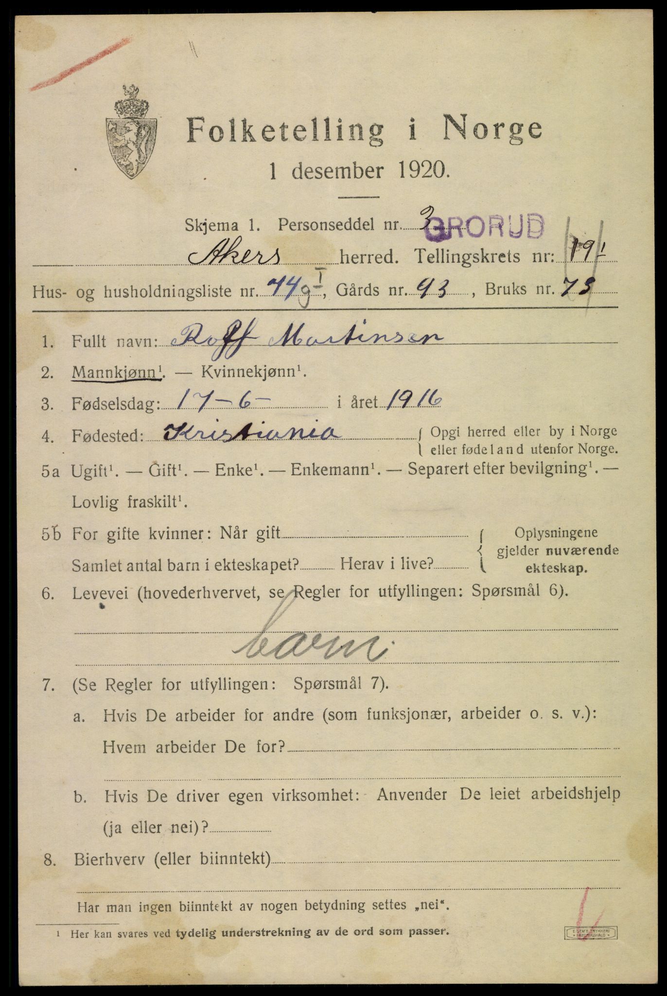 SAO, 1920 census for Aker, 1920, p. 122016