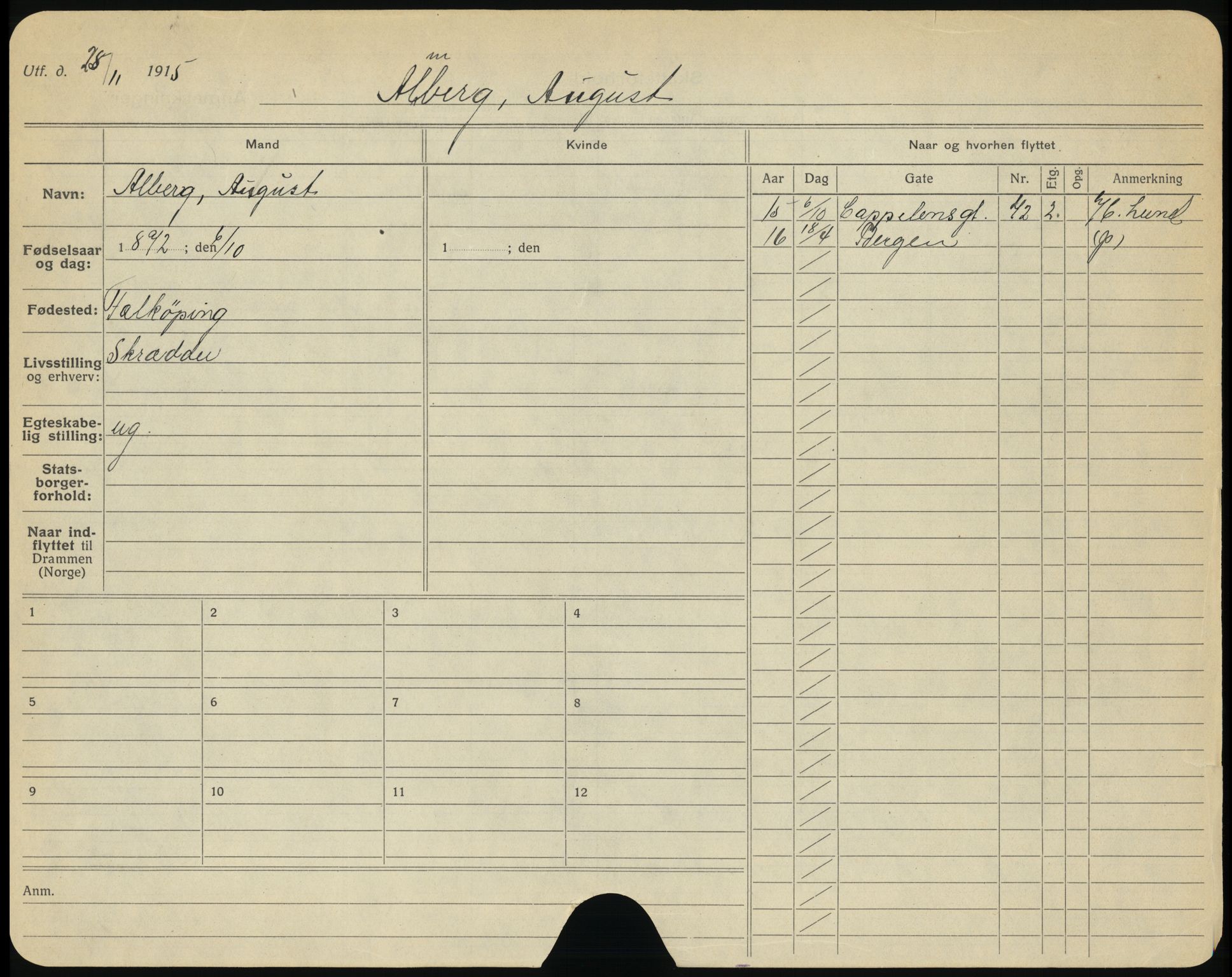 Drammen folkeregister, SAKO/A-136/G/Ga/L0002: Utflyttede, 1916