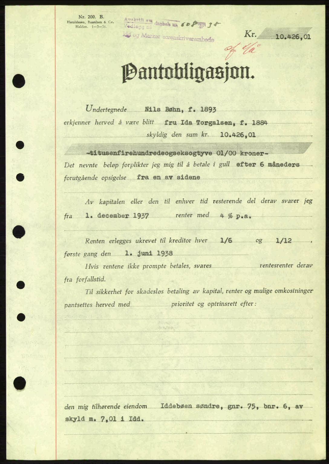 Idd og Marker sorenskriveri, AV/SAO-A-10283/G/Gb/Gbc/L0001: Mortgage book no. B1-3, 1936-1939, Diary no: : 608/1938