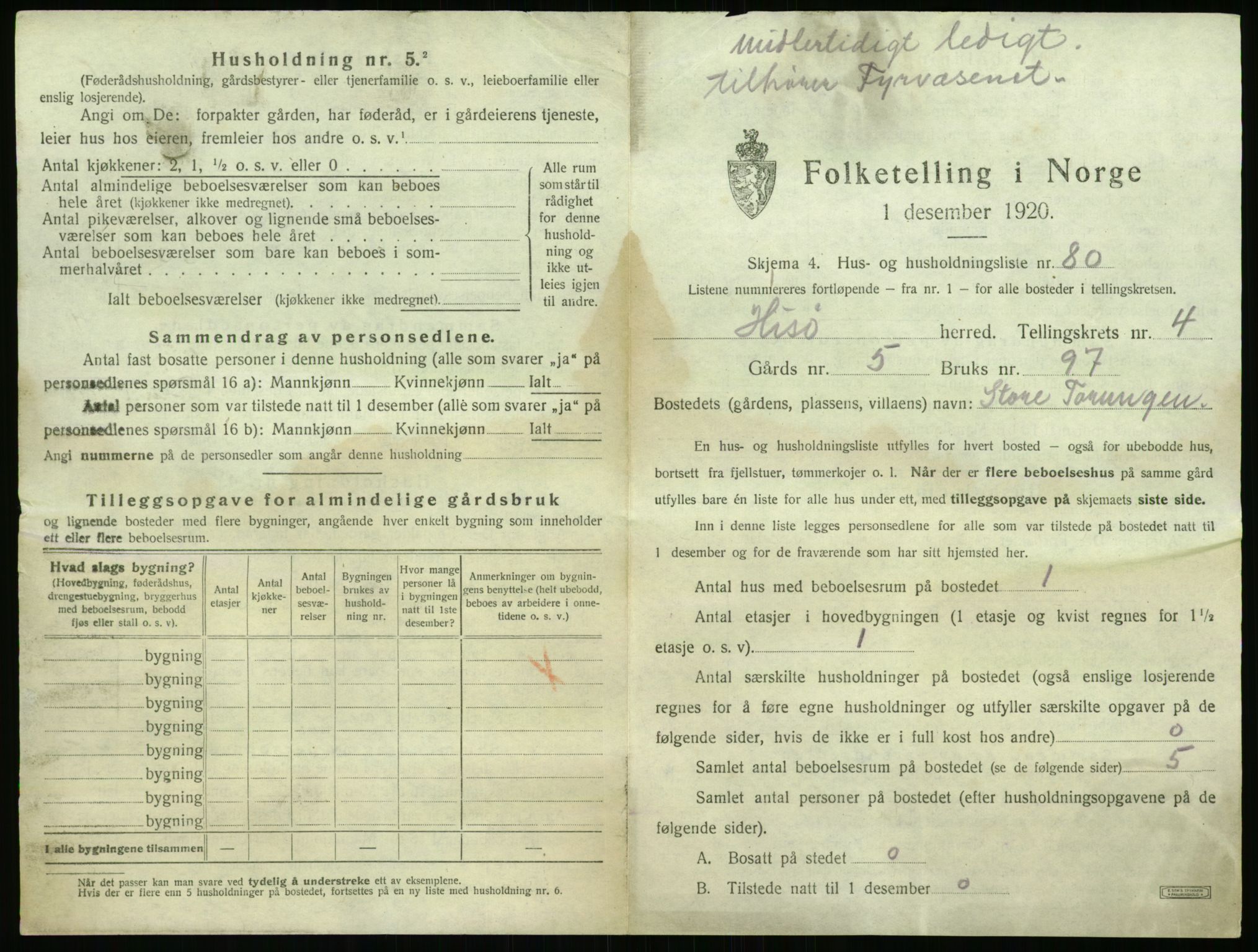 SAK, 1920 census for Hisøy, 1920, p. 1072