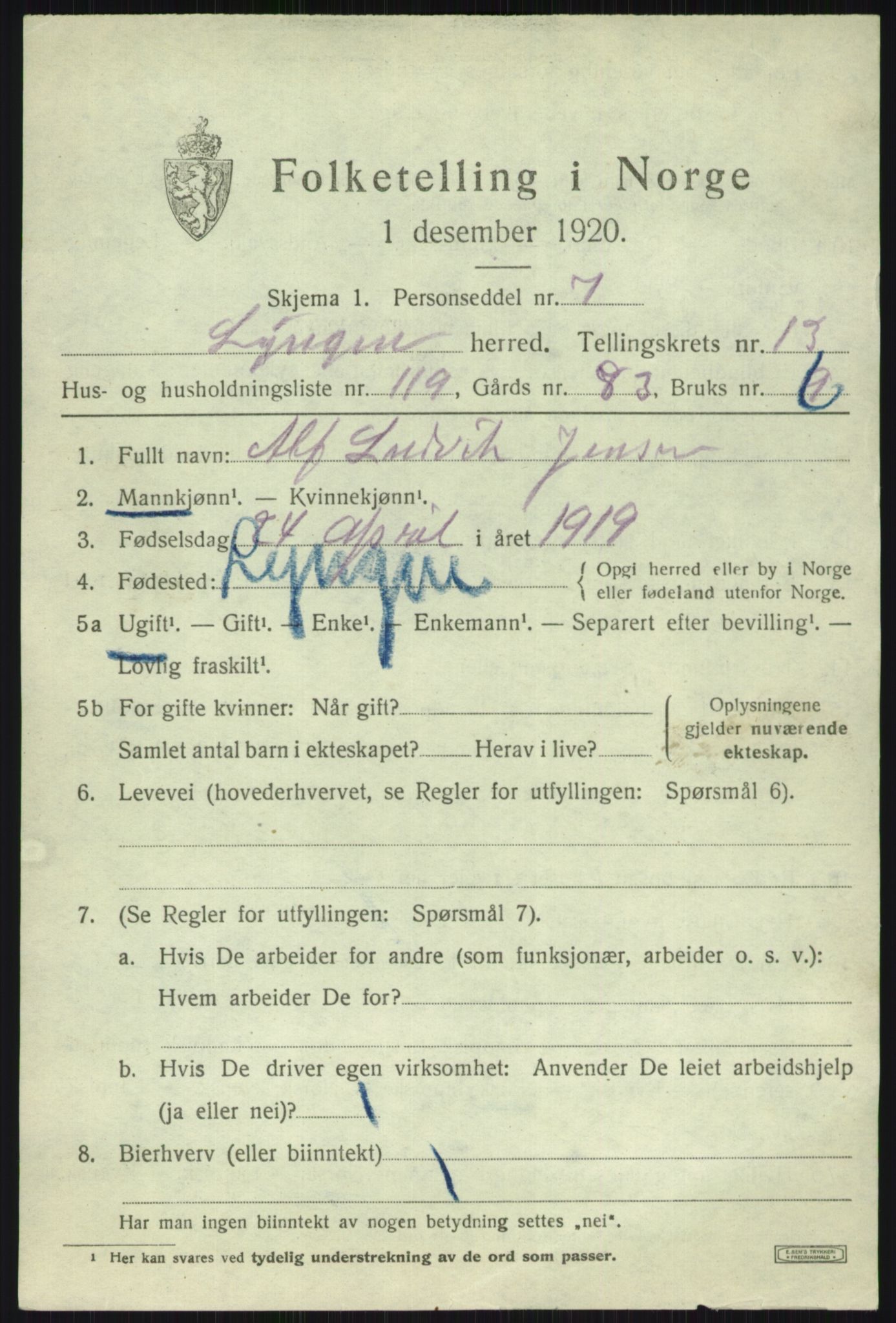 SATØ, 1920 census for Lyngen, 1920, p. 11485