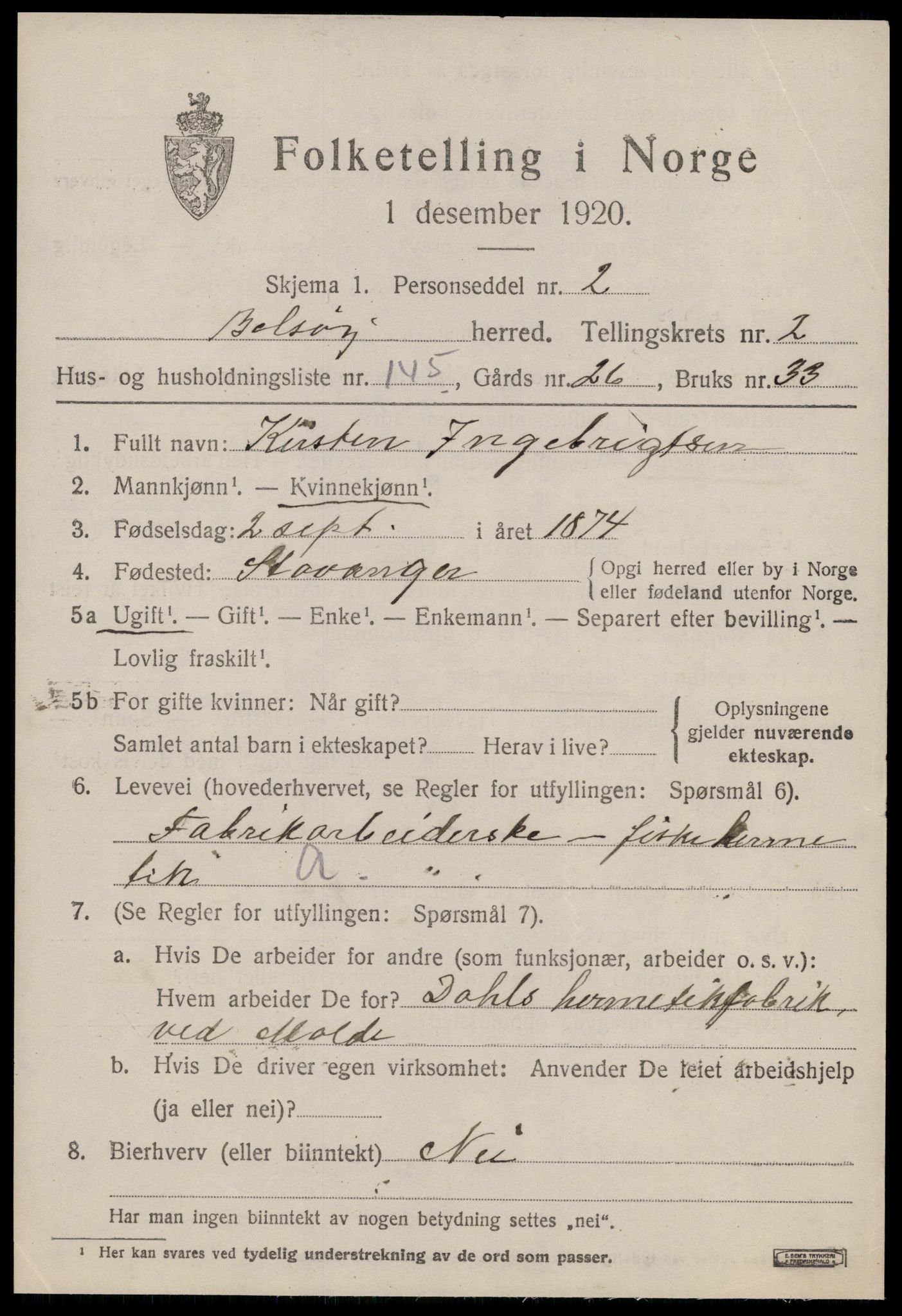 SAT, 1920 census for Bolsøy, 1920, p. 5331