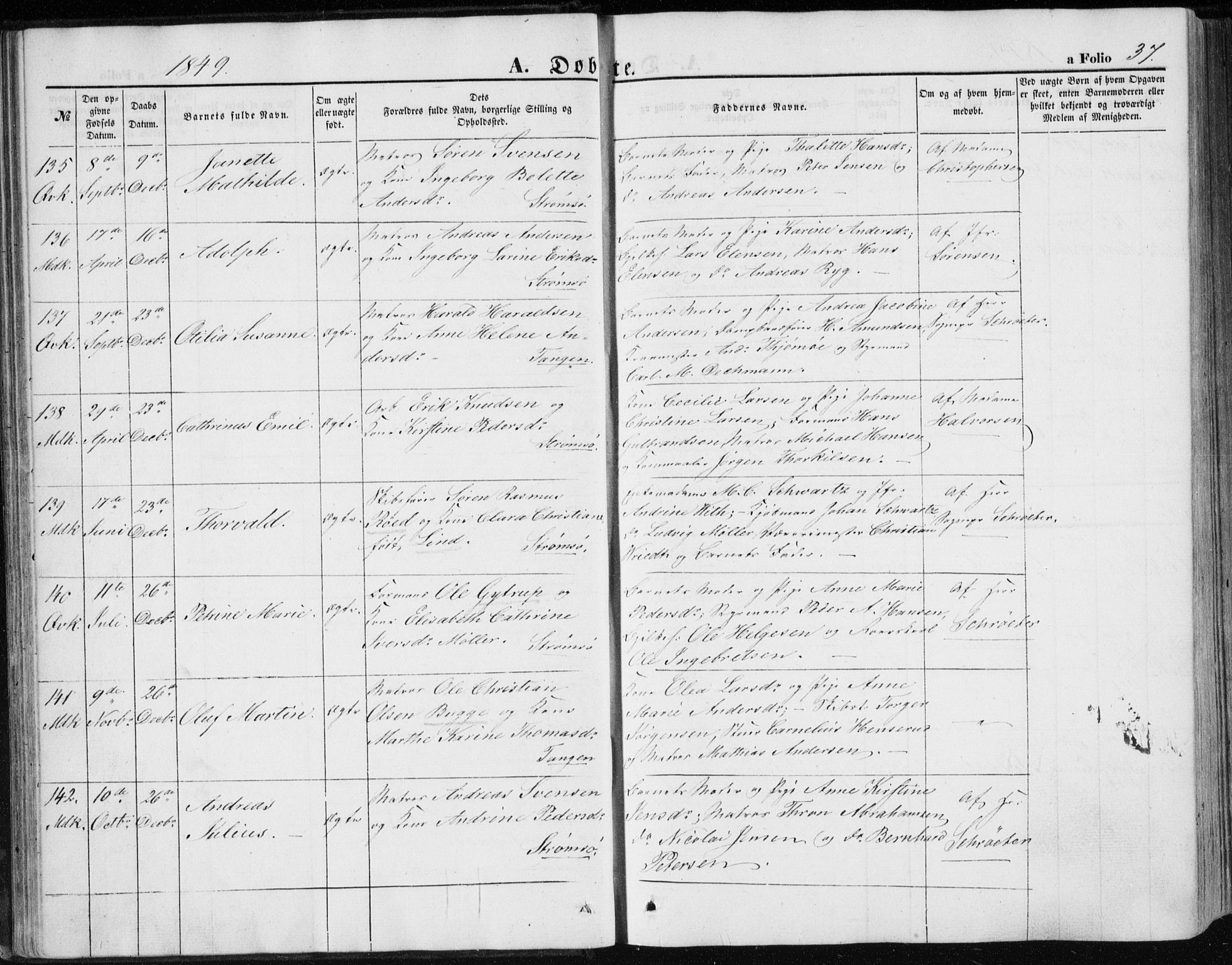 Strømsø kirkebøker, AV/SAKO-A-246/F/Fa/L0014: Parish register (official) no. I 14, 1848-1858, p. 37