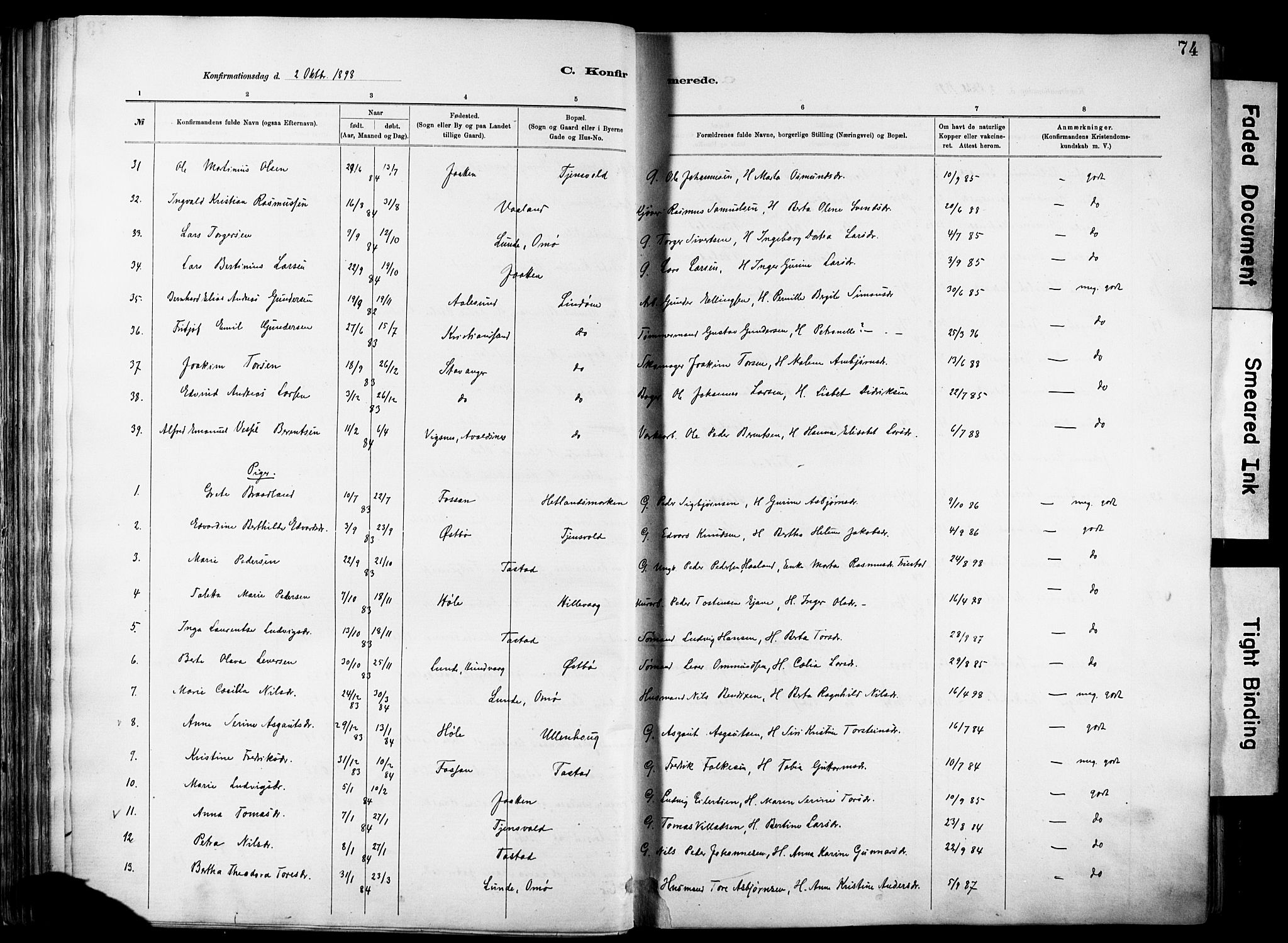 Hetland sokneprestkontor, SAST/A-101826/30/30BA/L0012: Parish register (official) no. A 12, 1882-1912, p. 74