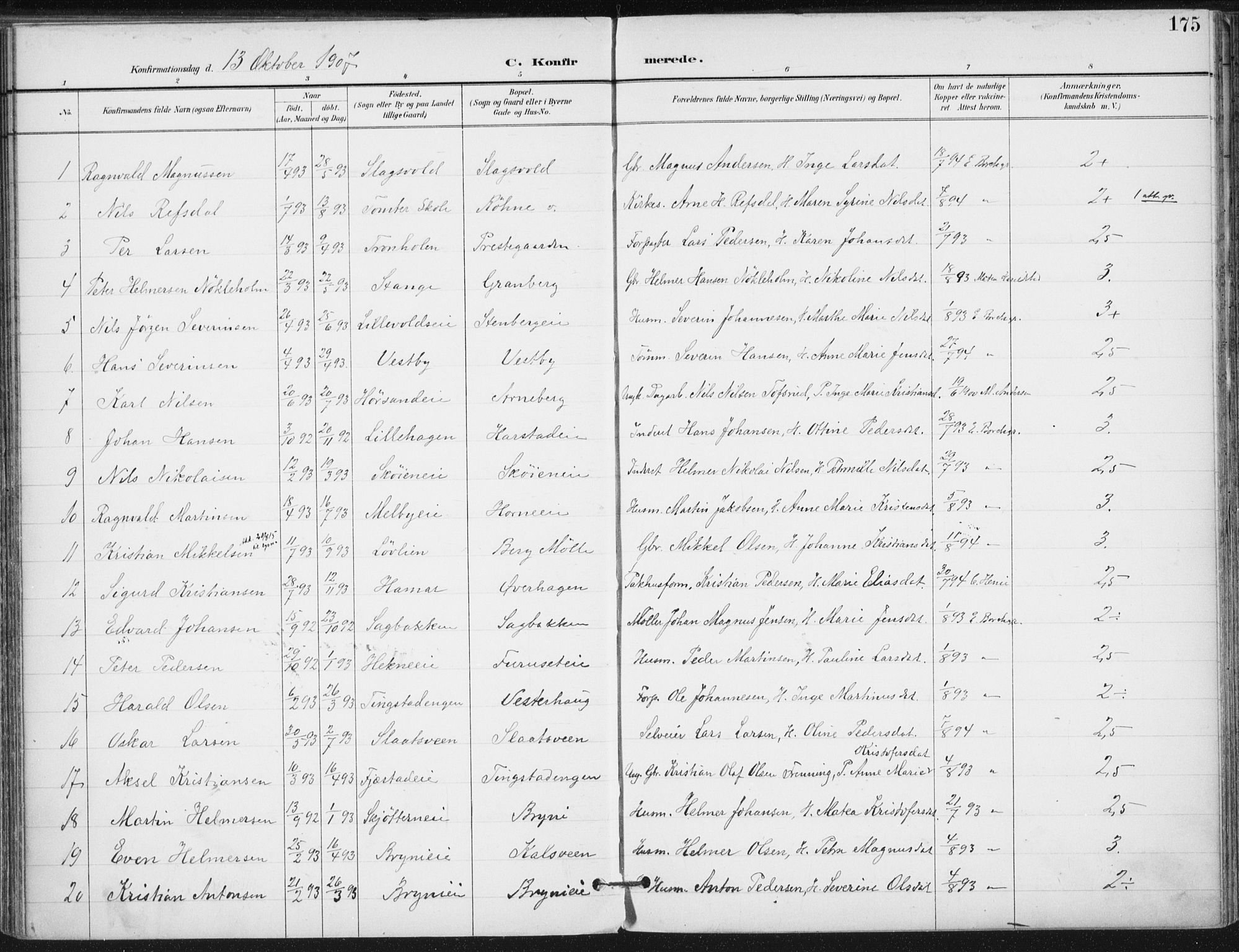 Romedal prestekontor, AV/SAH-PREST-004/K/L0011: Parish register (official) no. 11, 1896-1912, p. 175