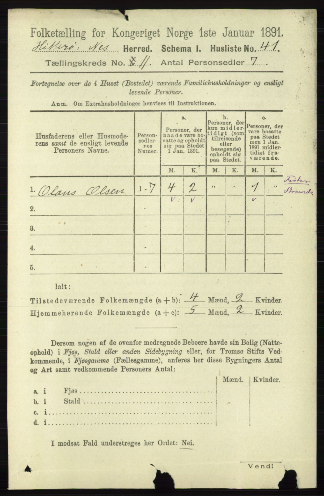 RA, 1891 census for 1043 Hidra og Nes, 1891, p. 4455