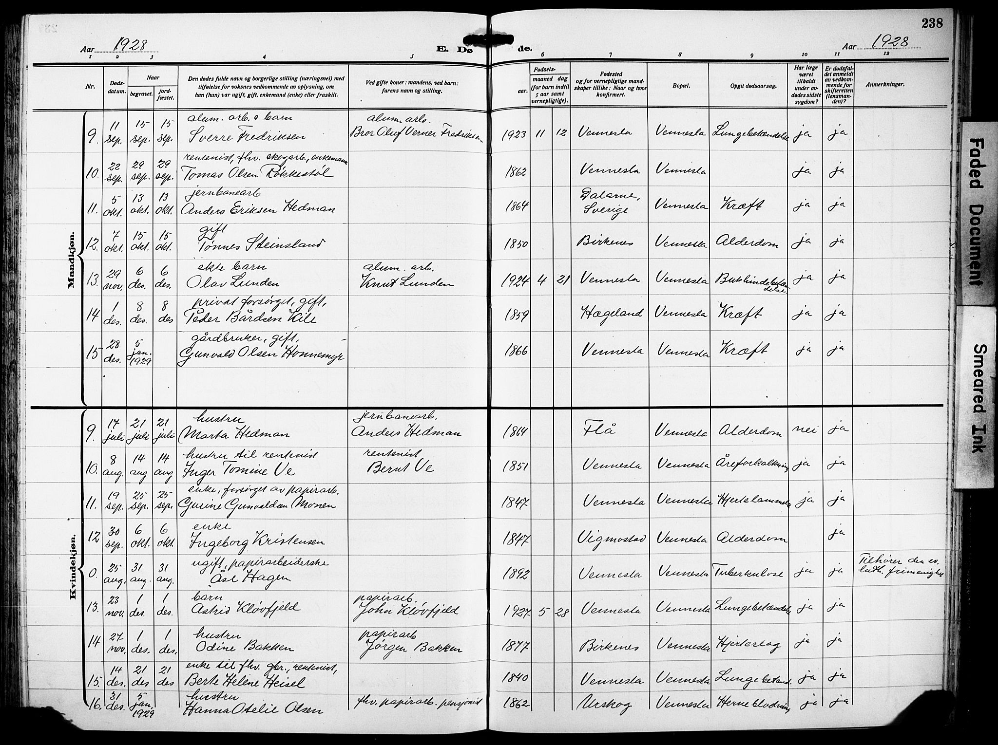 Vennesla sokneprestkontor, AV/SAK-1111-0045/Fb/Fbb/L0007: Parish register (copy) no. B 7, 1922-1933, p. 238