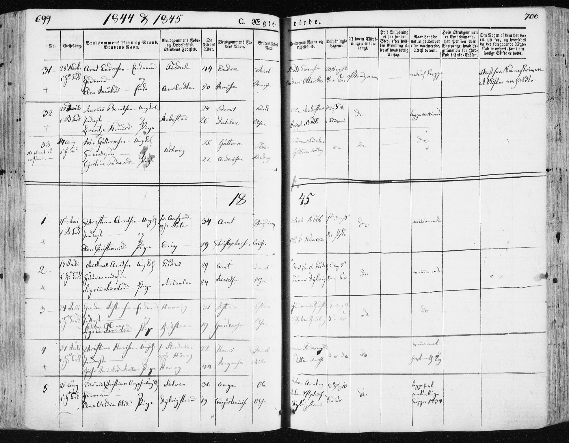 Ministerialprotokoller, klokkerbøker og fødselsregistre - Sør-Trøndelag, SAT/A-1456/659/L0736: Parish register (official) no. 659A06, 1842-1856, p. 699-700