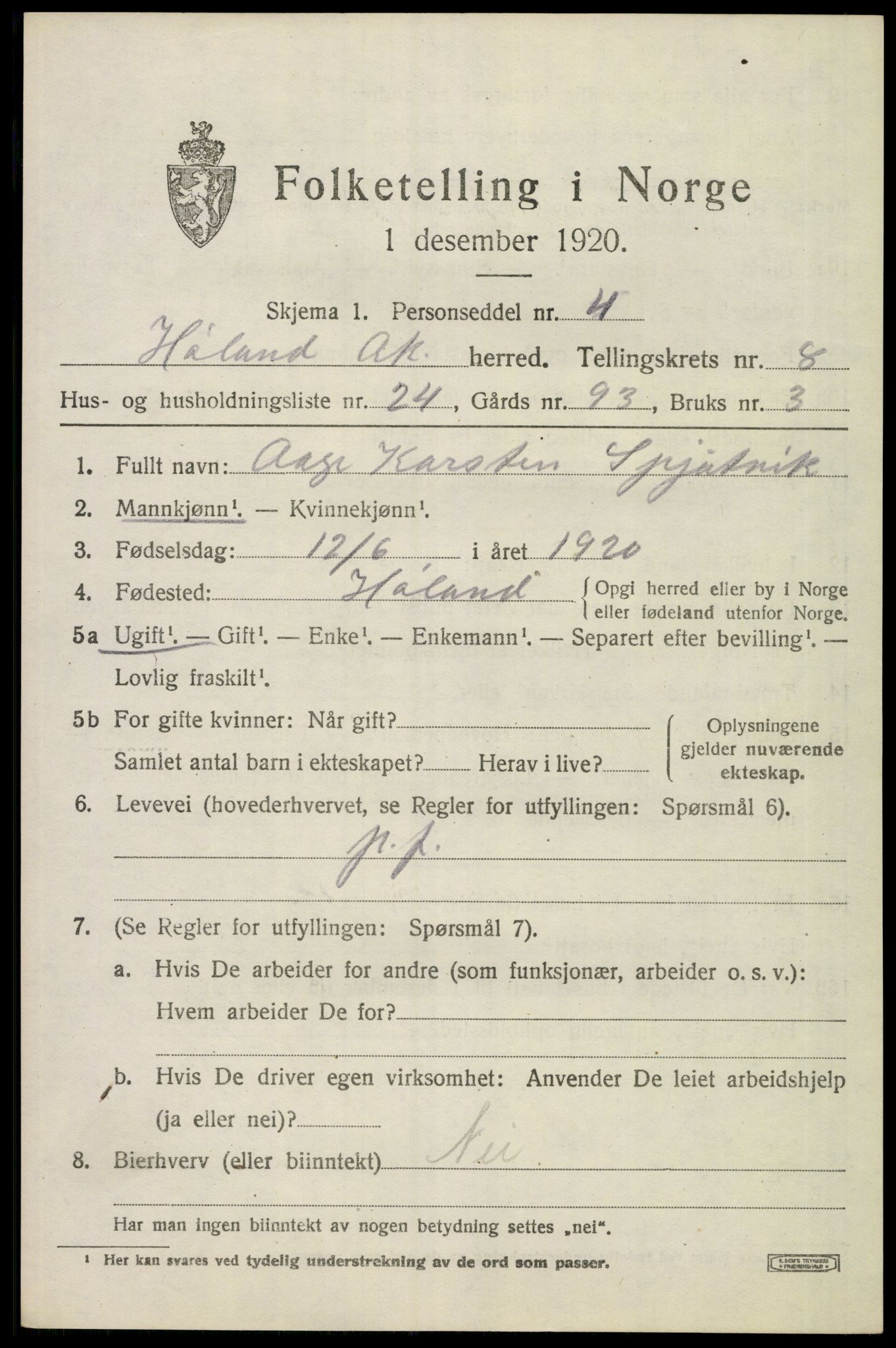 SAO, 1920 census for Høland, 1920, p. 9953