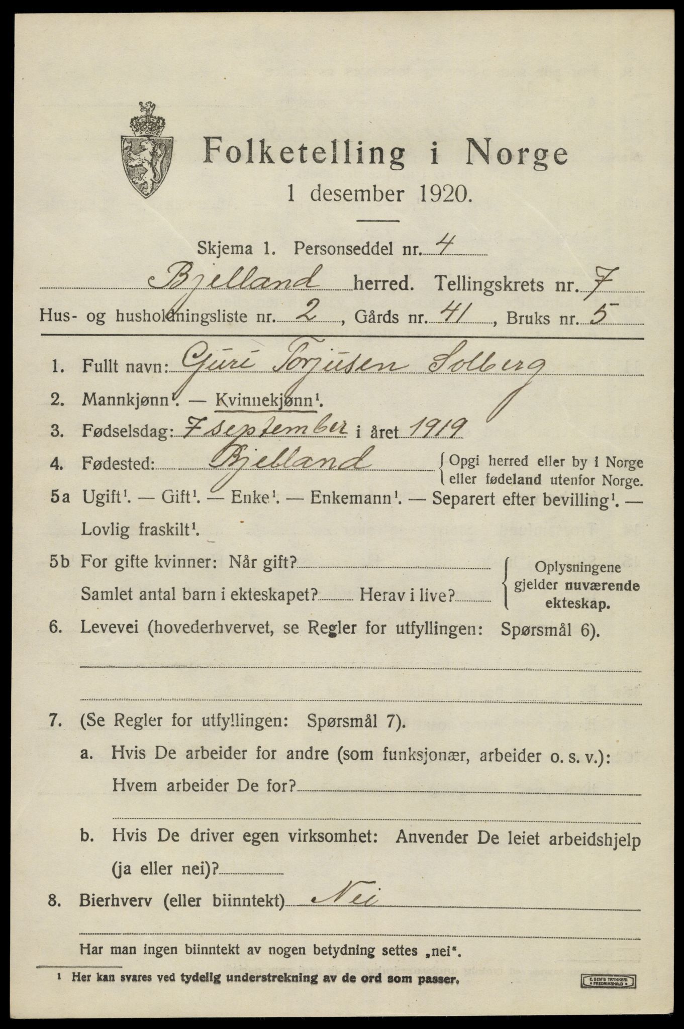 SAK, 1920 census for Bjelland, 1920, p. 2069