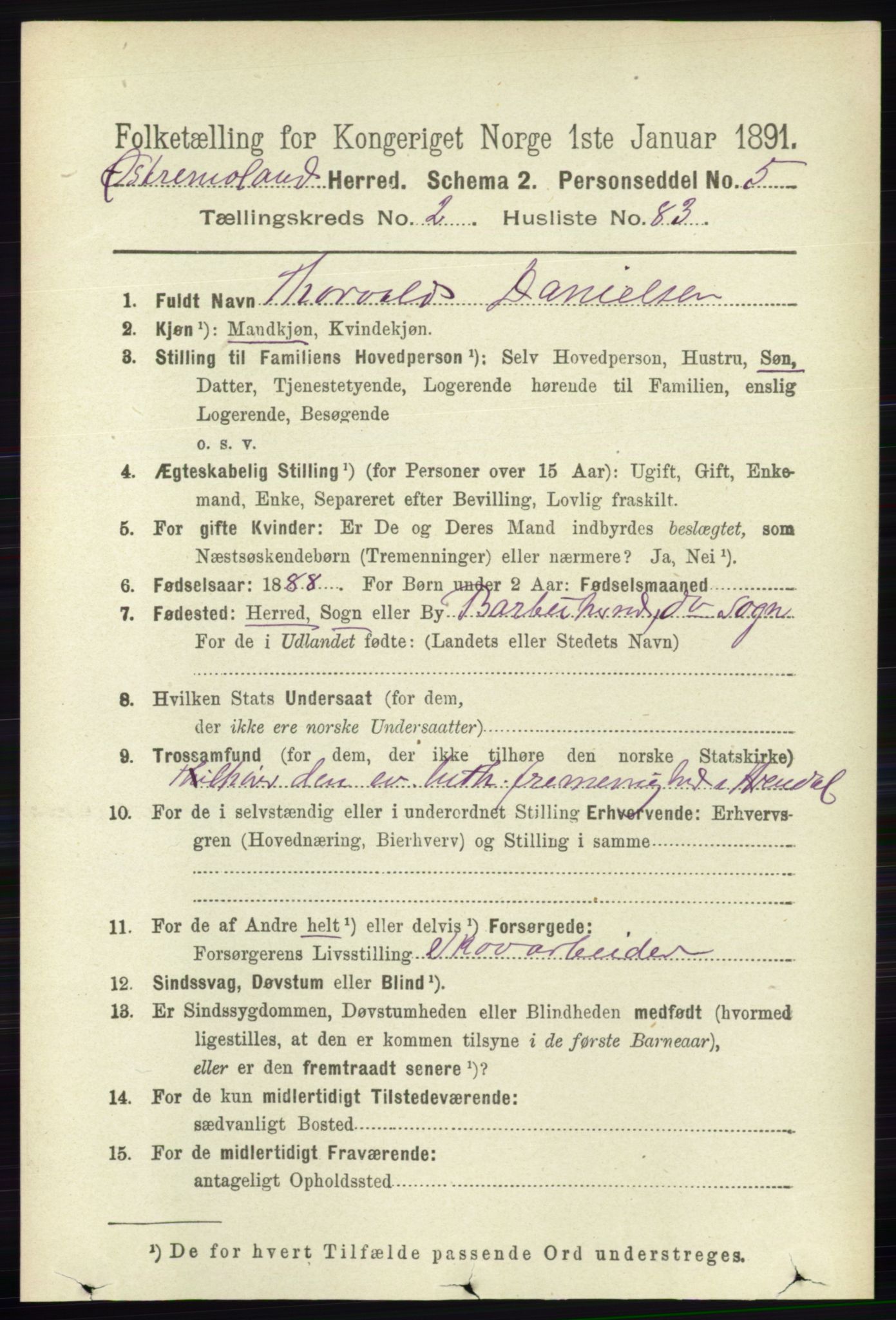 RA, 1891 census for 0918 Austre Moland, 1891, p. 1169