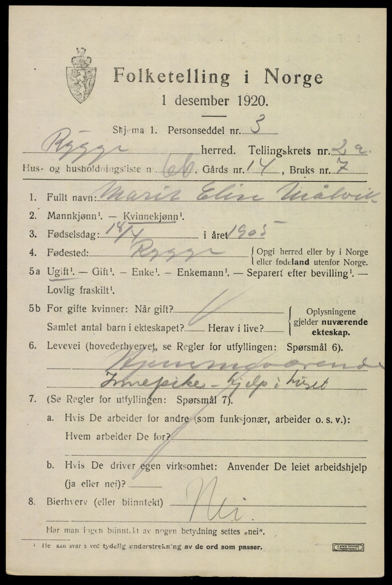 SAO, 1920 census for Rygge, 1920, p. 7599