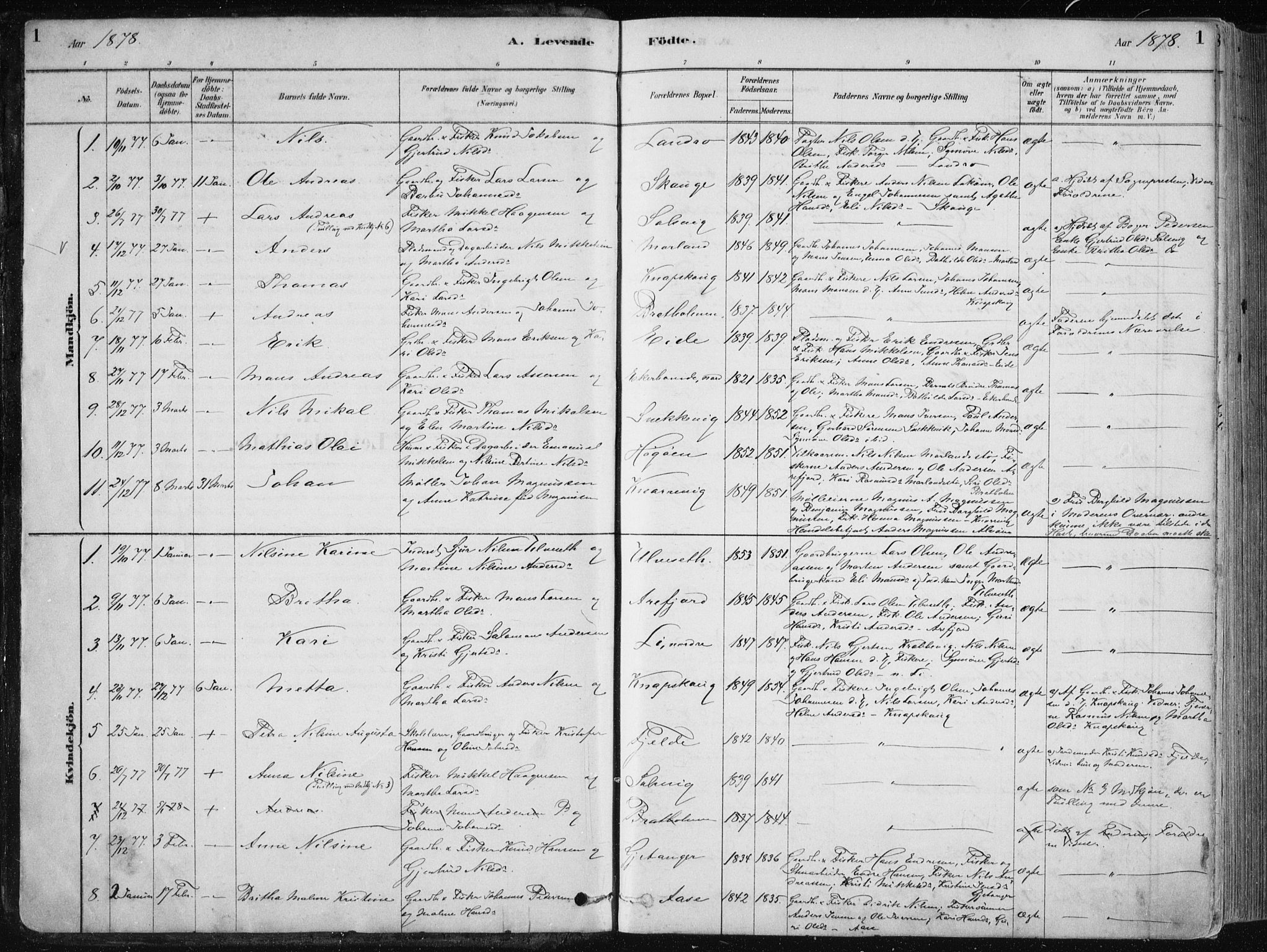 Fjell sokneprestembete, SAB/A-75301/H/Haa: Parish register (official) no. A  8, 1878-1898, p. 1