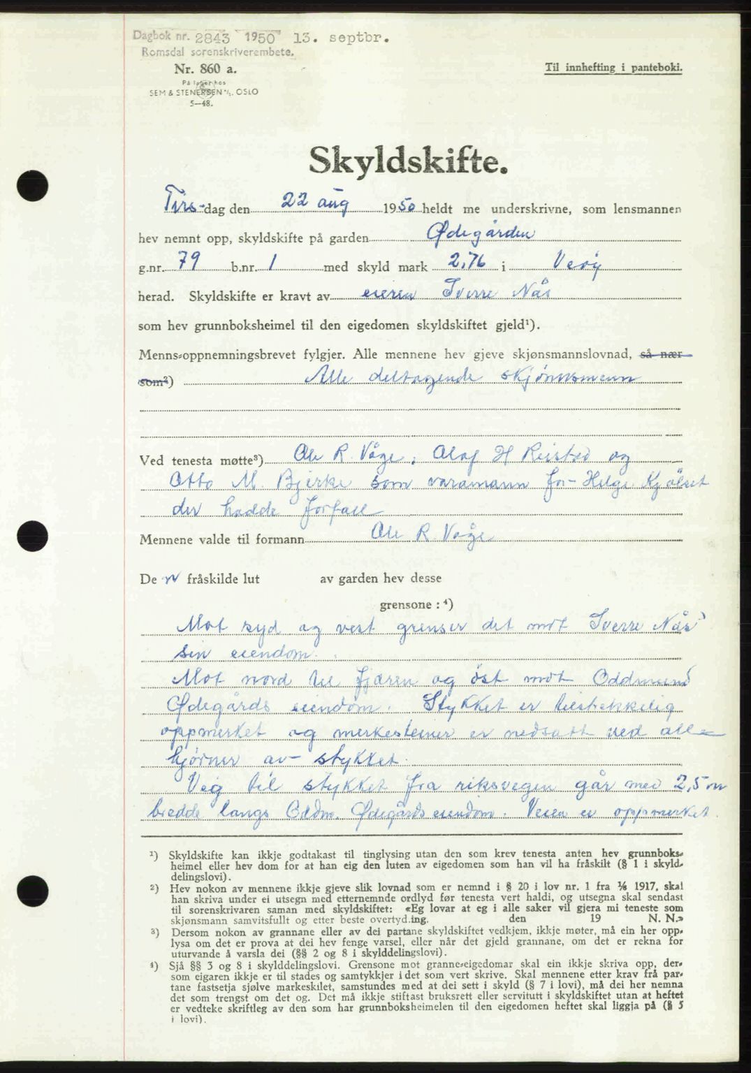 Romsdal sorenskriveri, AV/SAT-A-4149/1/2/2C: Mortgage book no. A34, 1950-1950, Diary no: : 2843/1950