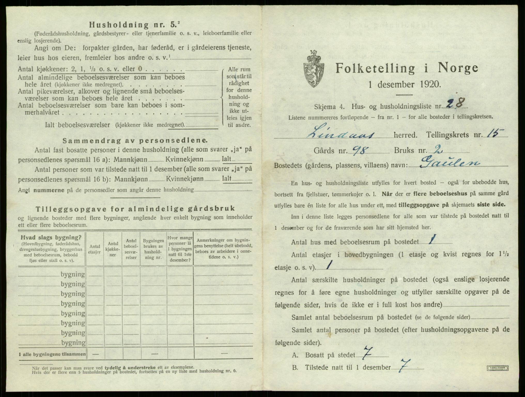 SAB, 1920 census for Lindås, 1920, p. 1051