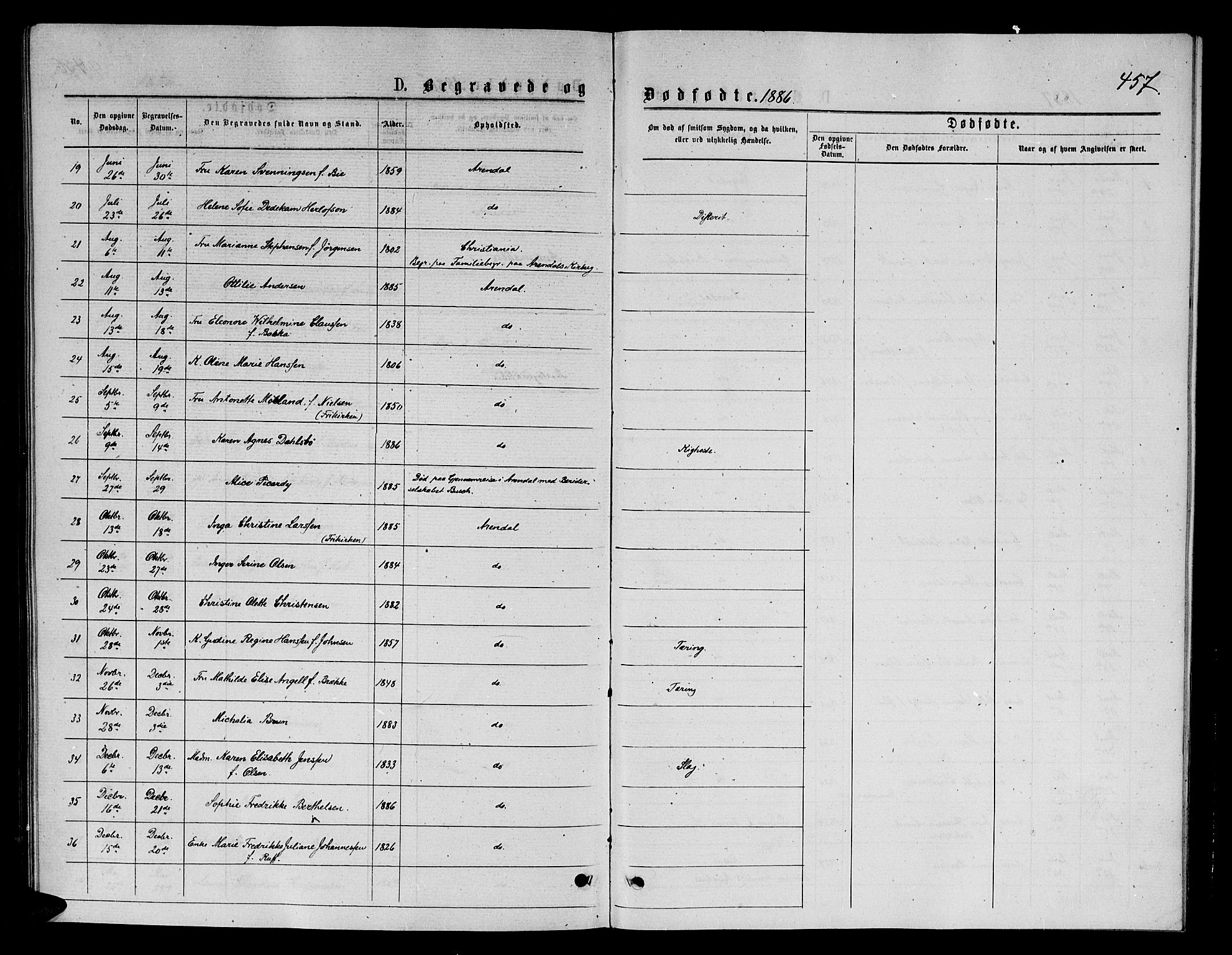 Arendal sokneprestkontor, Trefoldighet, AV/SAK-1111-0040/F/Fb/L0005: Parish register (copy) no. B 5, 1874-1888, p. 457