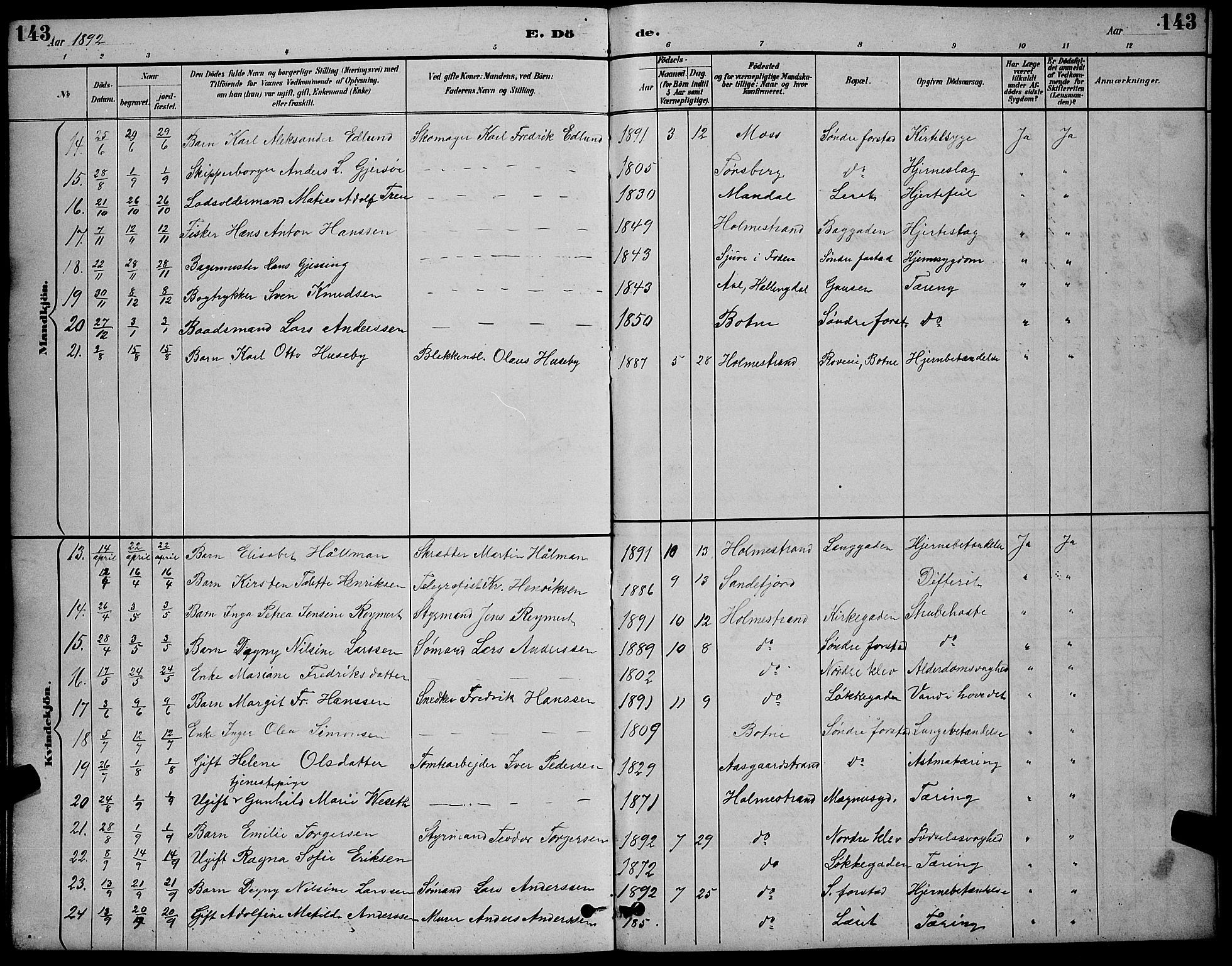 Holmestrand kirkebøker, AV/SAKO-A-346/G/Ga/L0005: Parish register (copy) no. 5, 1889-1901, p. 143