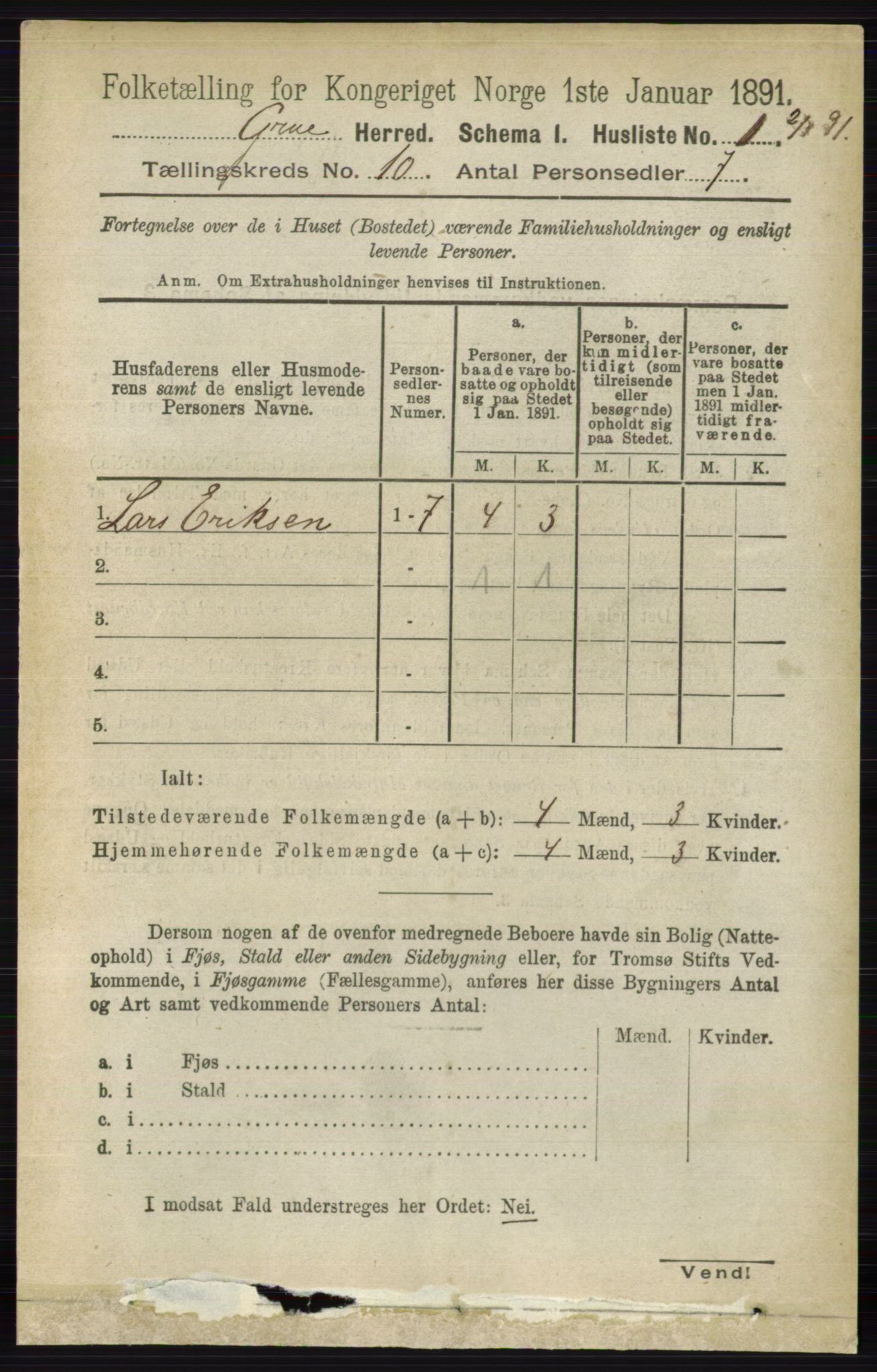 RA, 1891 census for 0423 Grue, 1891, p. 5292