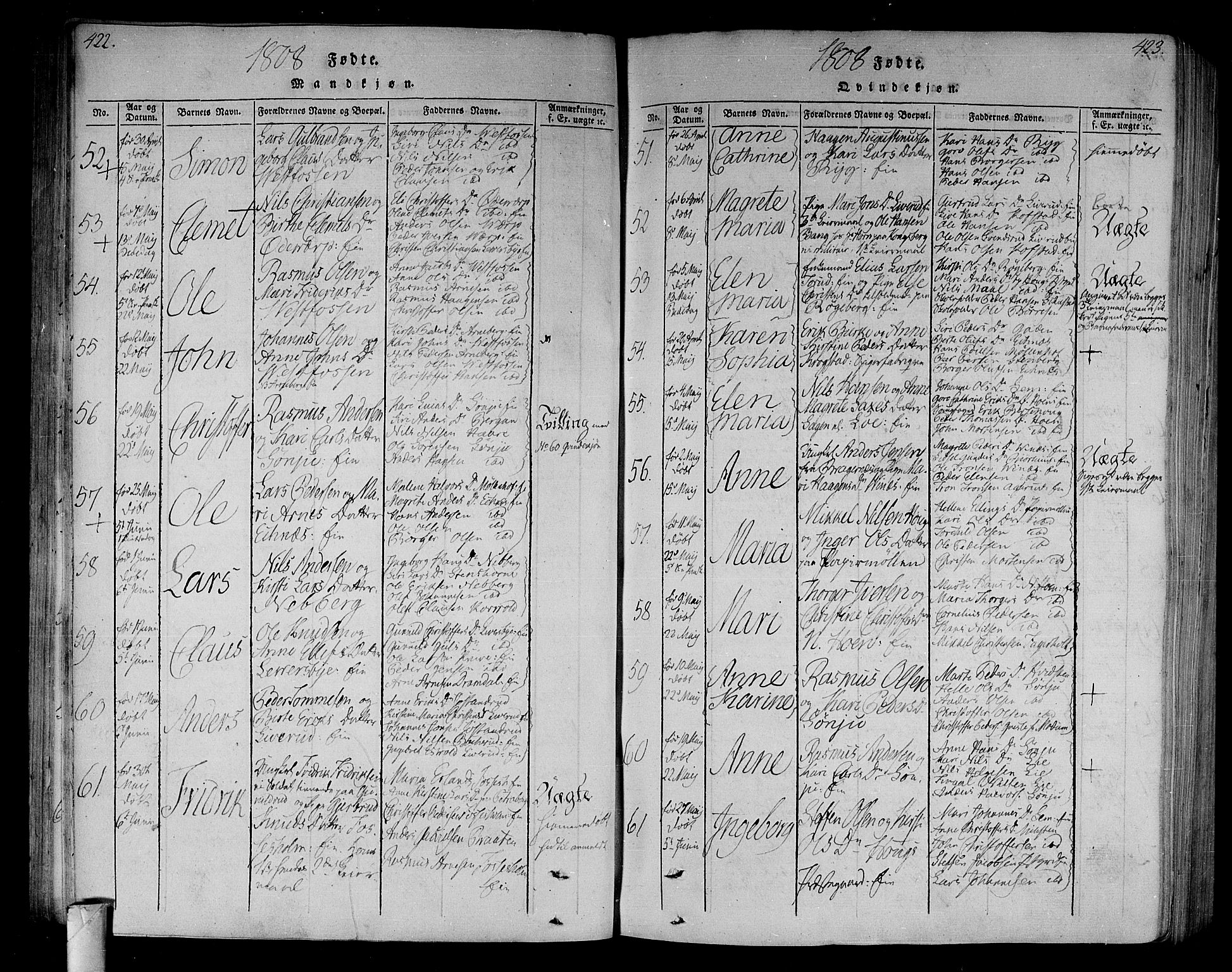 Eiker kirkebøker, AV/SAKO-A-4/F/Fa/L0010: Parish register (official) no. I 10, 1806-1815, p. 422-423