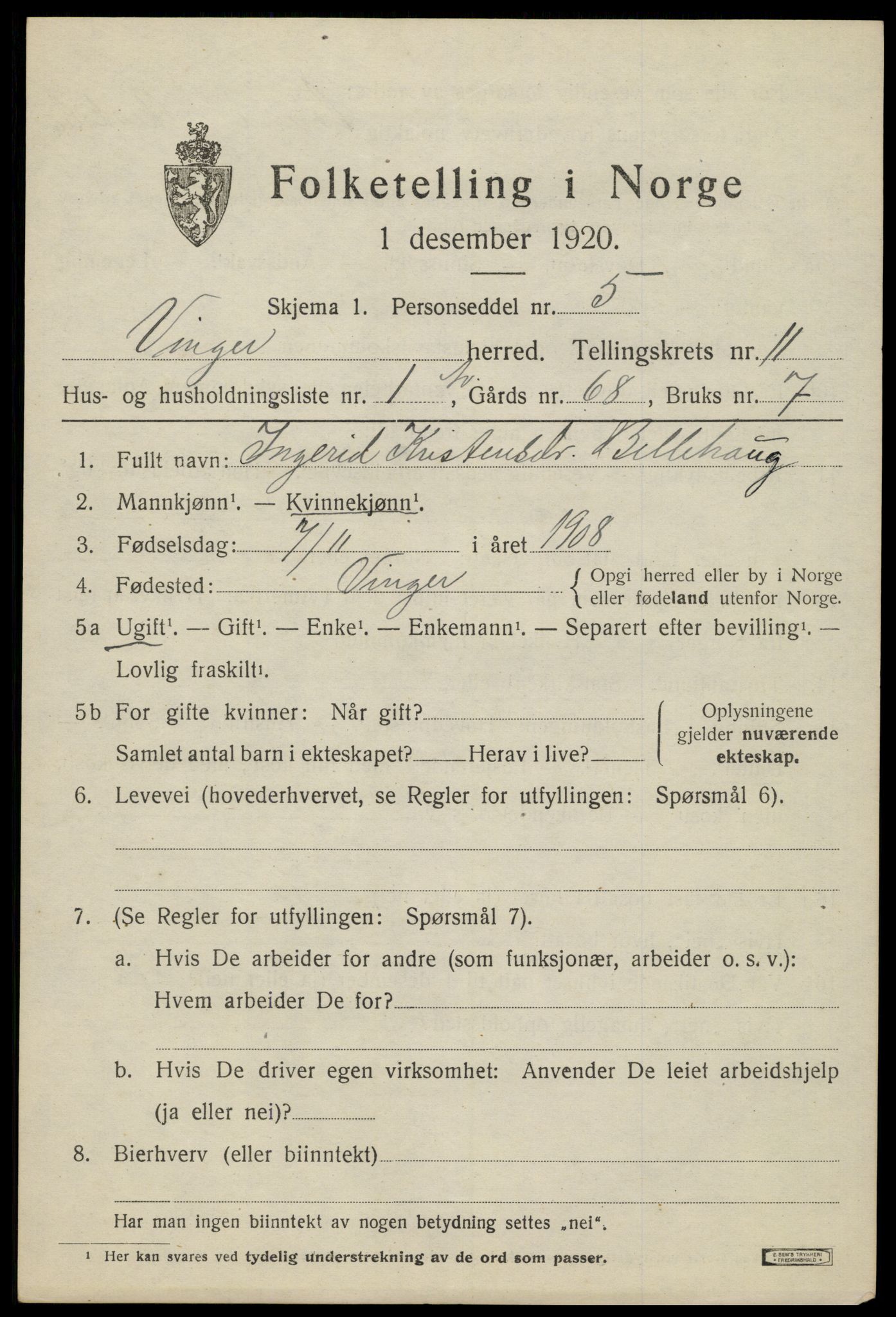 SAH, 1920 census for Vinger, 1920, p. 8926