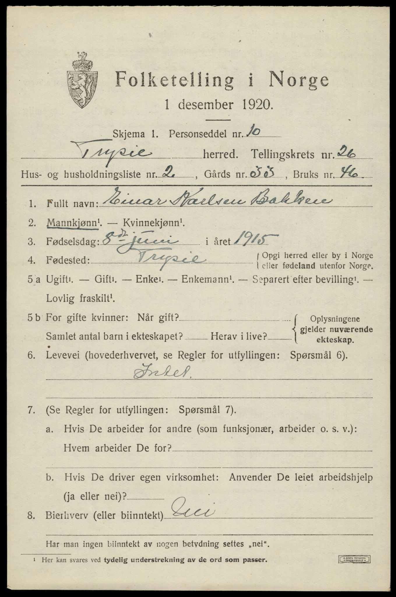 SAH, 1920 census for Trysil, 1920, p. 16135