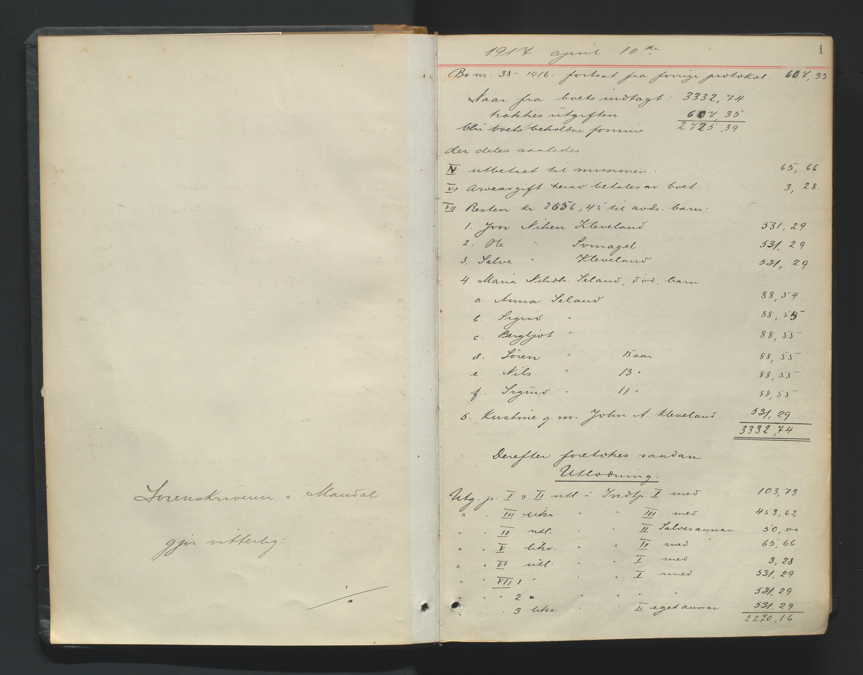 Mandal sorenskriveri, AV/SAK-1221-0005/001/H/Hc/L0099: Skifteutlodningsprotokoll nr 8, 1917-1923, p. 1