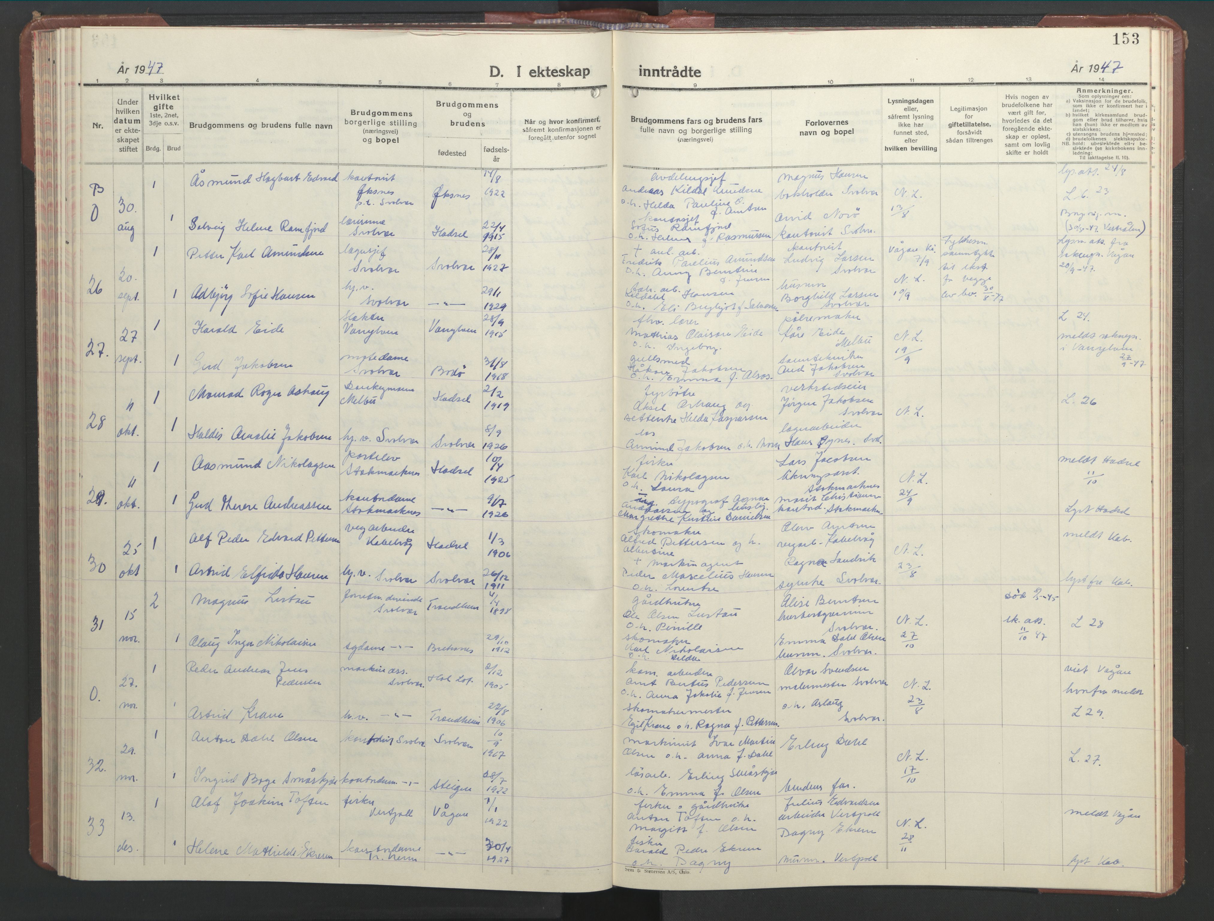 Ministerialprotokoller, klokkerbøker og fødselsregistre - Nordland, AV/SAT-A-1459/877/L1118: Parish register (copy) no. 877C02, 1939-1950, p. 153