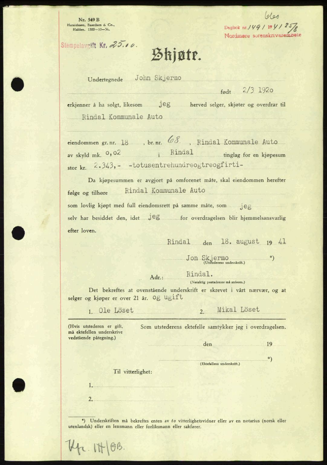 Nordmøre sorenskriveri, SAT/A-4132/1/2/2Ca: Mortgage book no. A90, 1941-1941, Diary no: : 1491/1941