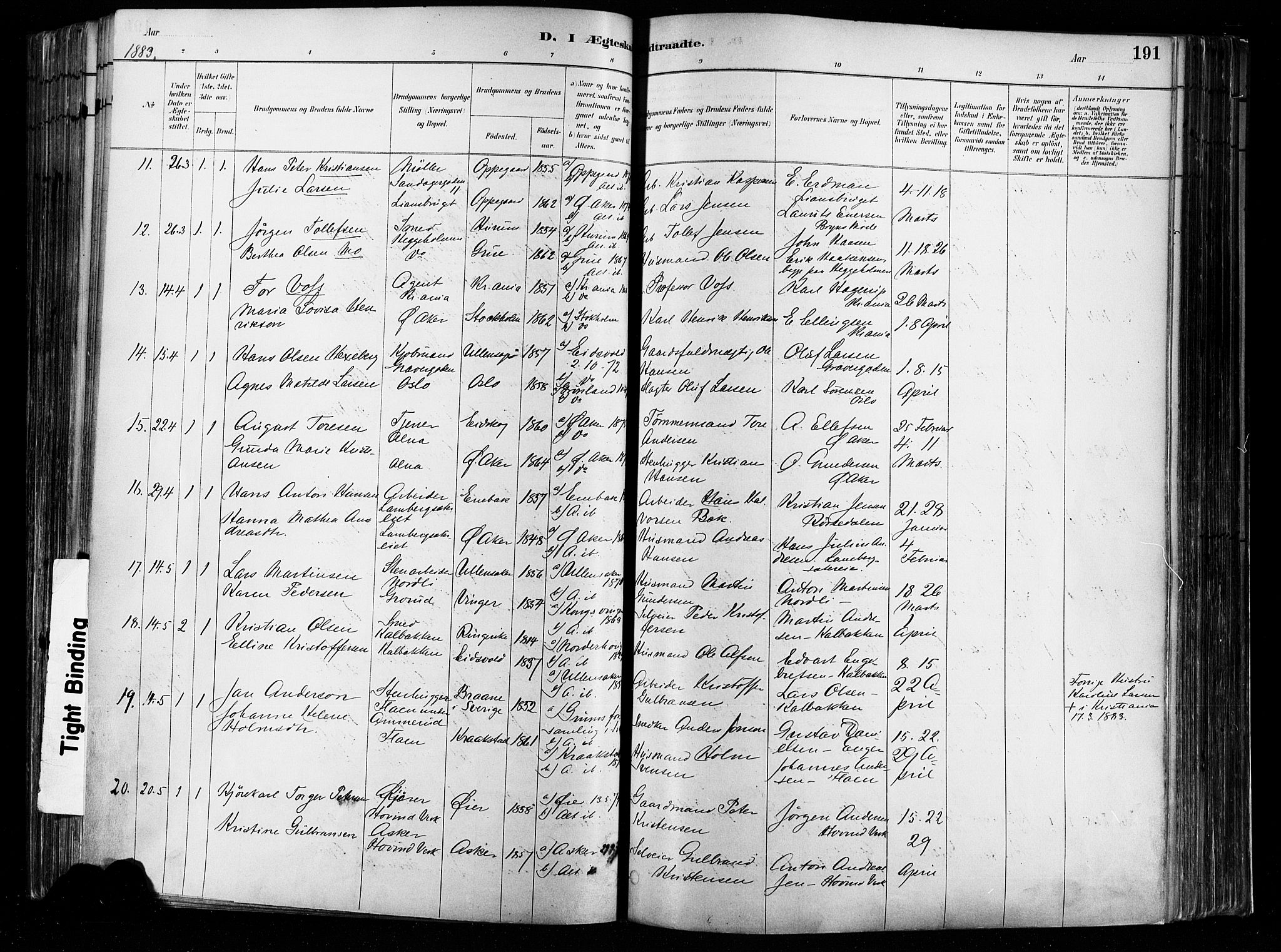 Østre Aker prestekontor Kirkebøker, SAO/A-10840/F/Fa/L0008: Parish register (official) no. I 8, 1883-1894, p. 191