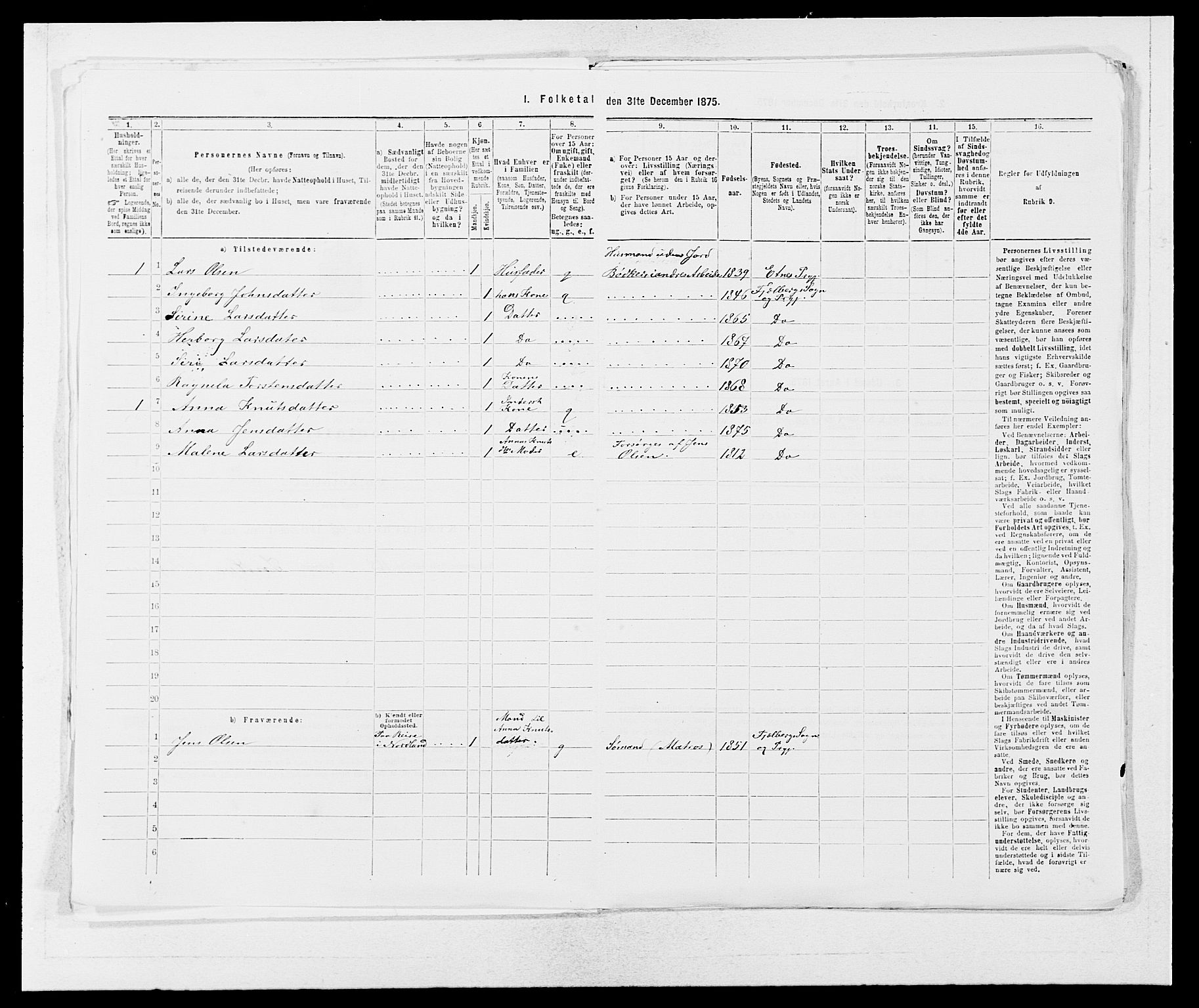 SAB, 1875 census for 1213P Fjelberg, 1875, p. 821