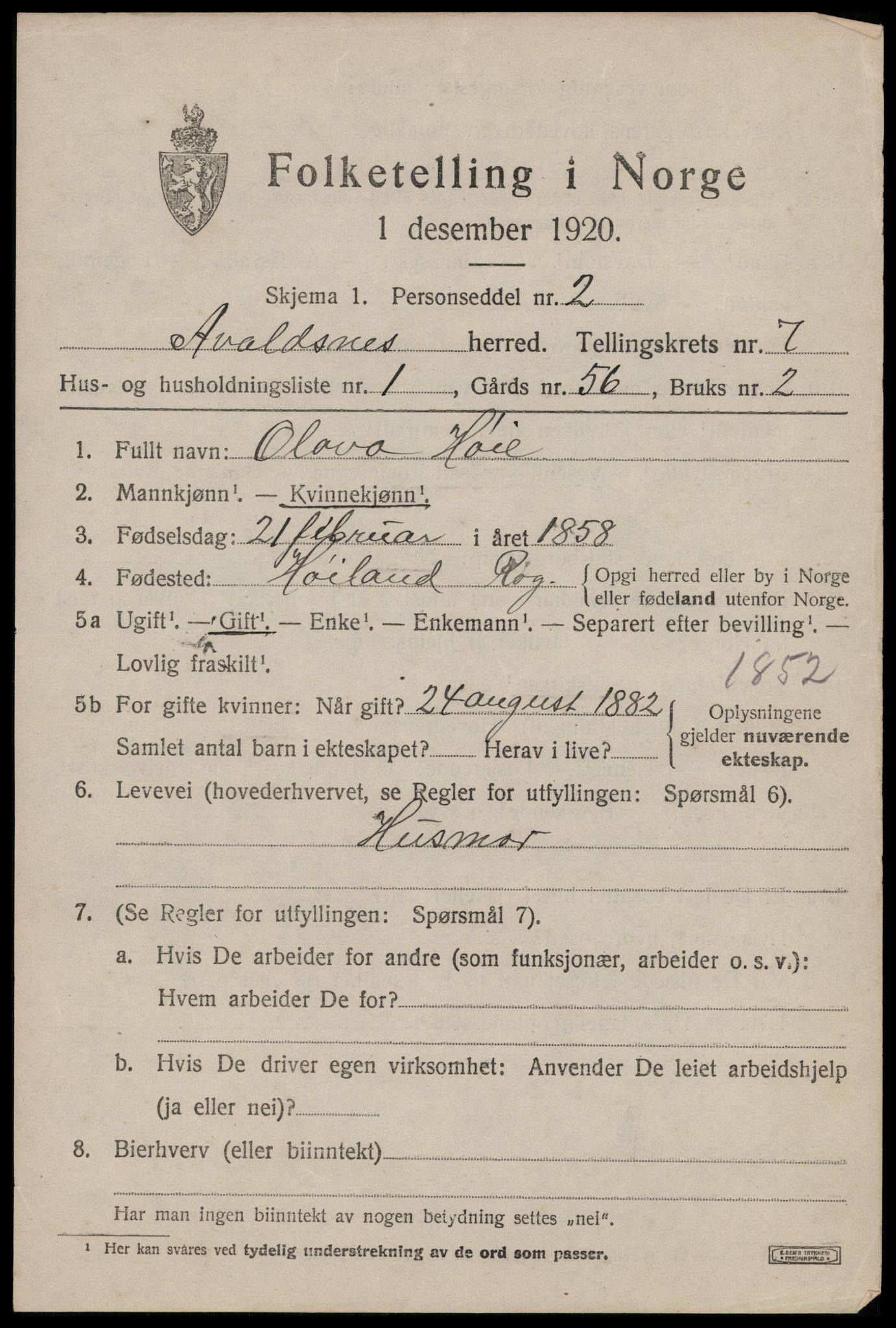 SAST, 1920 census for Avaldsnes, 1920, p. 5877
