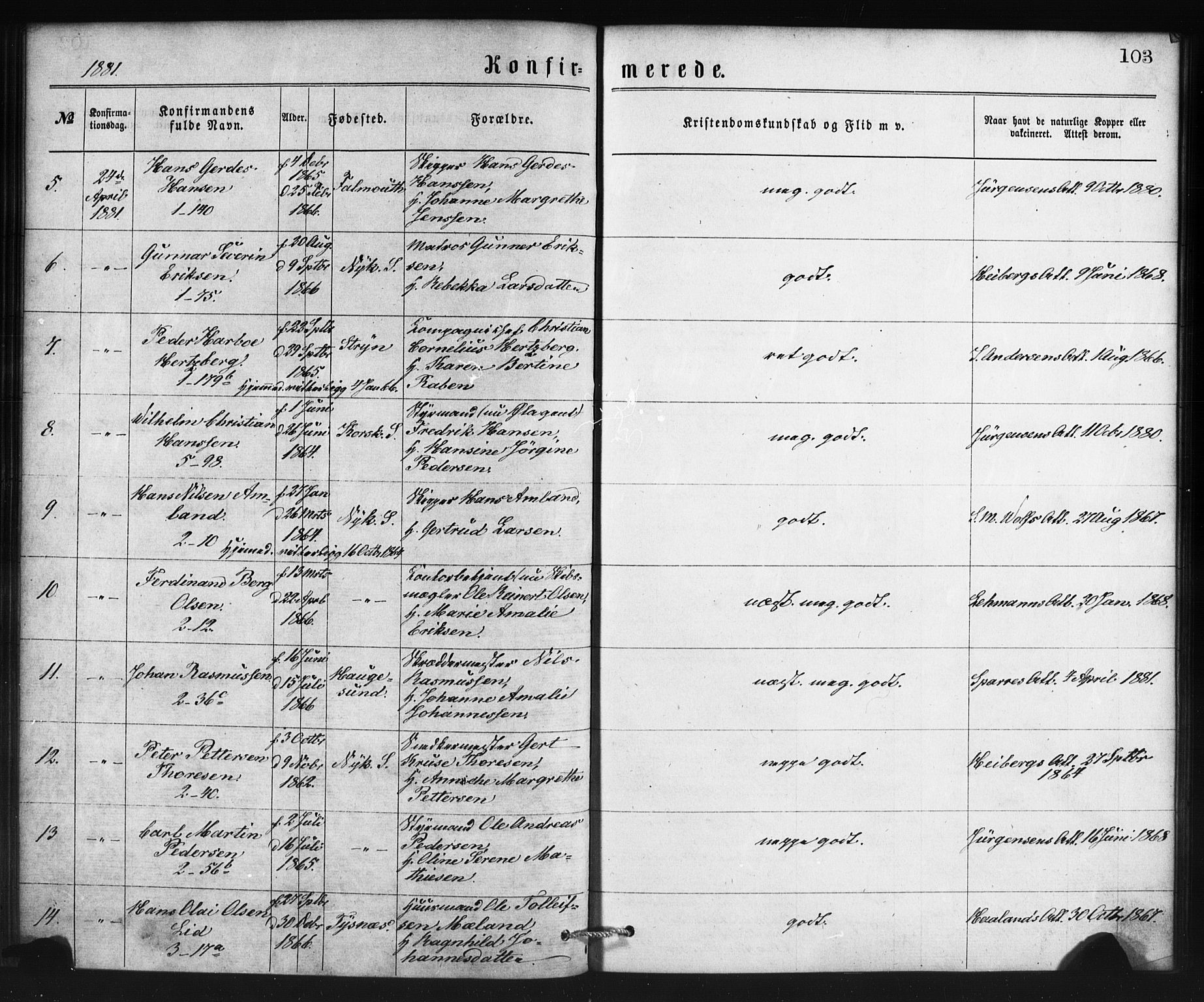 Nykirken Sokneprestembete, SAB/A-77101/H/Haa/L0025: Parish register (official) no. C 4, 1870-1886, p. 103