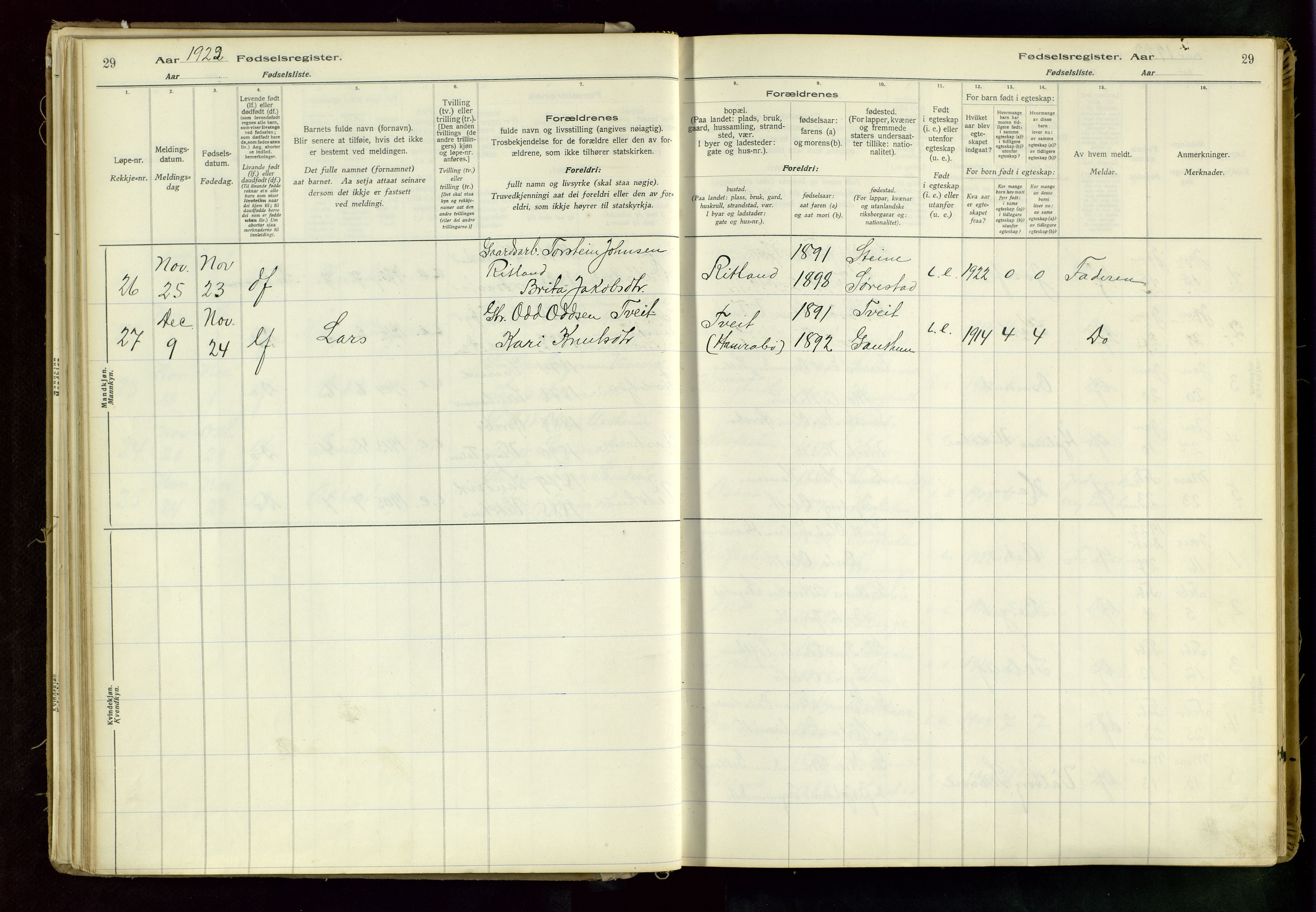 Suldal sokneprestkontor, AV/SAST-A-101845/03/A/L0002: Birth register no. 2, 1916-1982, p. 29