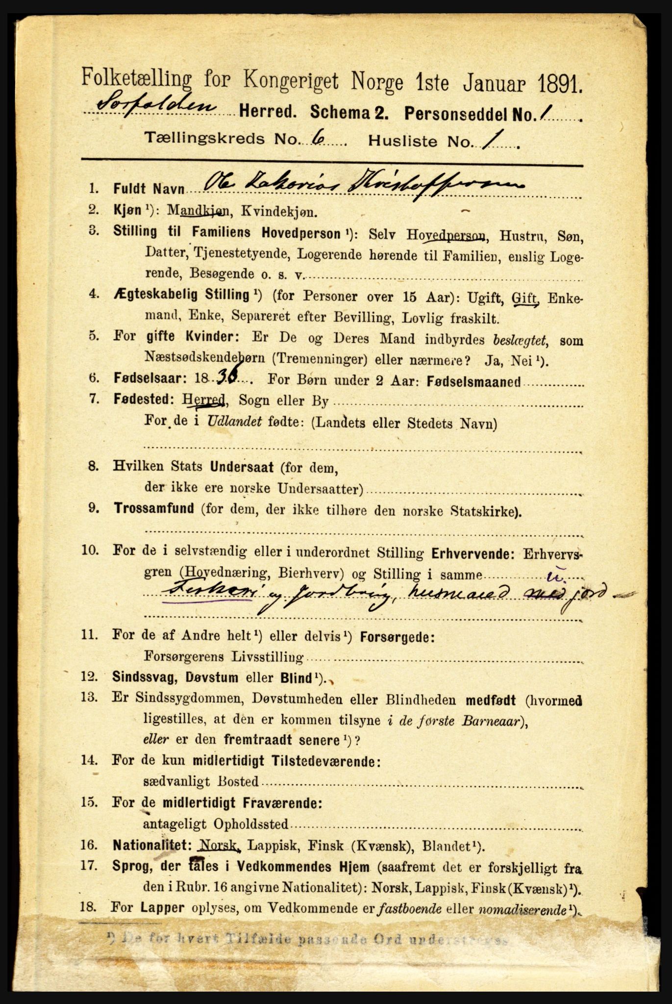 RA, 1891 census for 1845 Sørfold, 1891, p. 1821