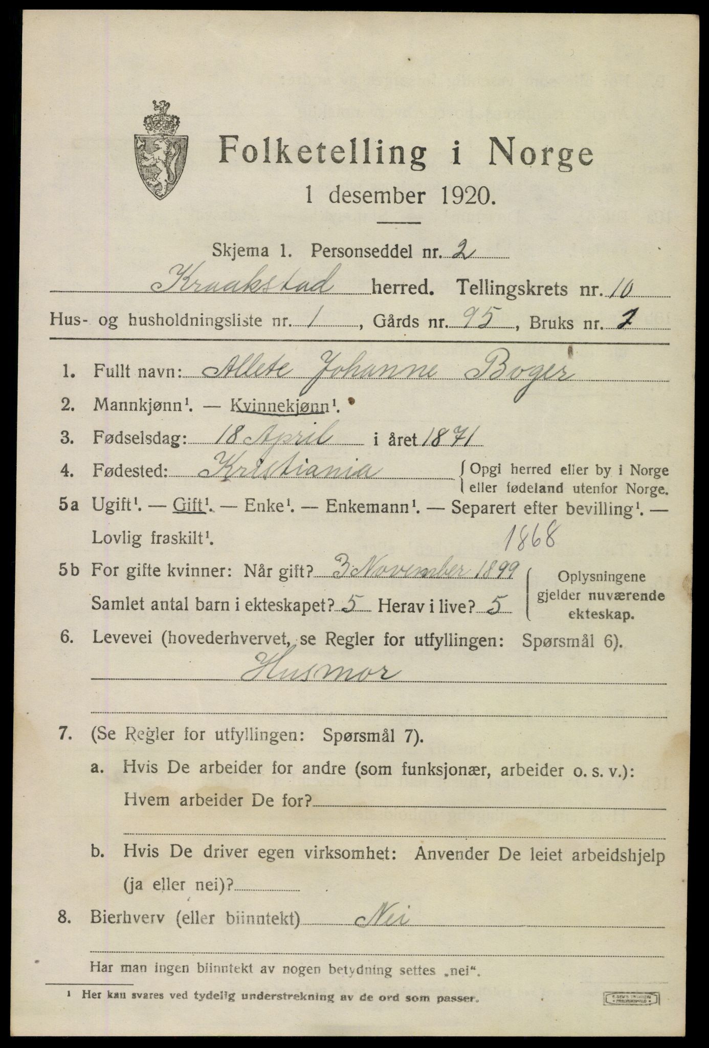 SAO, 1920 census for Kråkstad, 1920, p. 10569