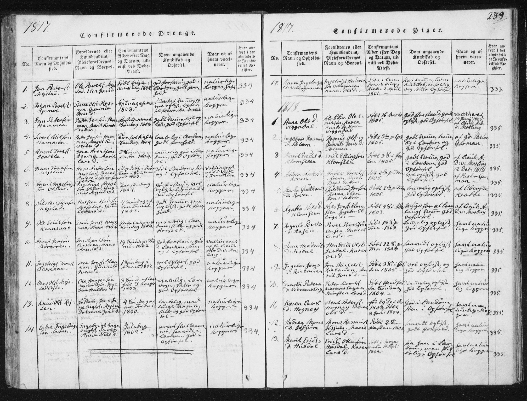 Ministerialprotokoller, klokkerbøker og fødselsregistre - Sør-Trøndelag, SAT/A-1456/665/L0770: Parish register (official) no. 665A05, 1817-1829, p. 239