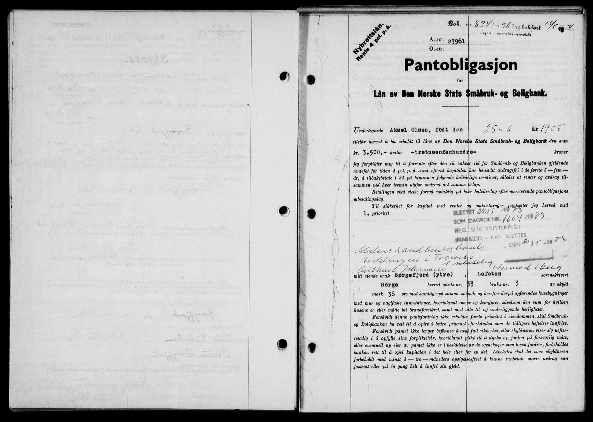 Lofoten sorenskriveri, SAT/A-0017/1/2/2C/L0033b: Mortgage book no. 33b, 1936-1936, Diary no: : 834/1936