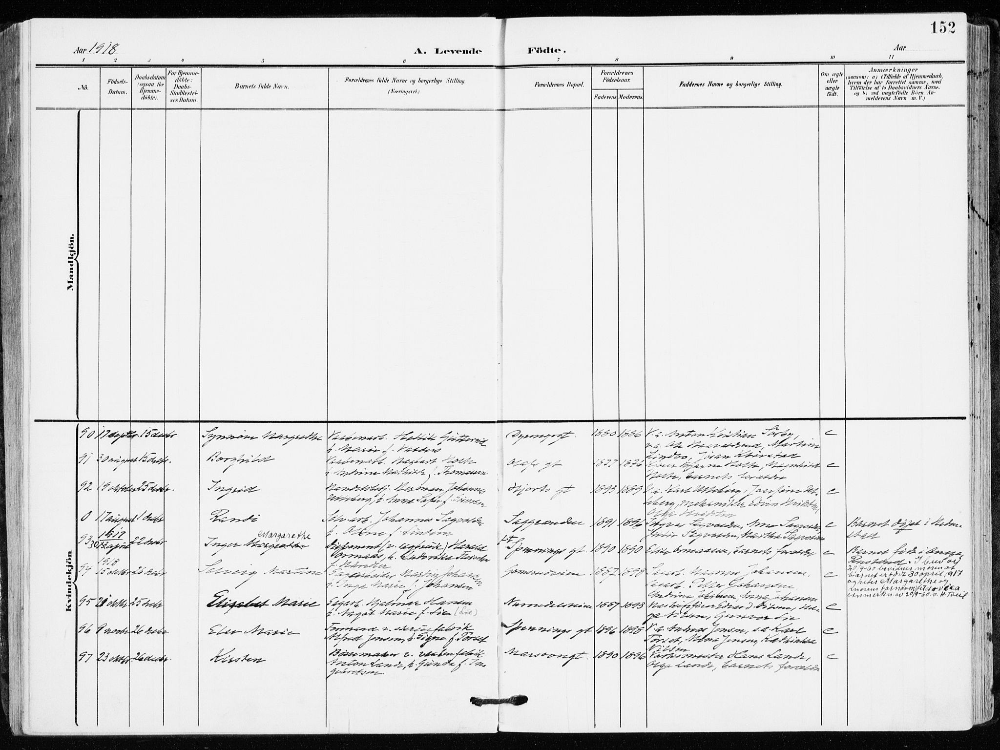 Kongsberg kirkebøker, AV/SAKO-A-22/F/Fb/L0004: Parish register (official) no. II 4, 1906-1918, p. 152