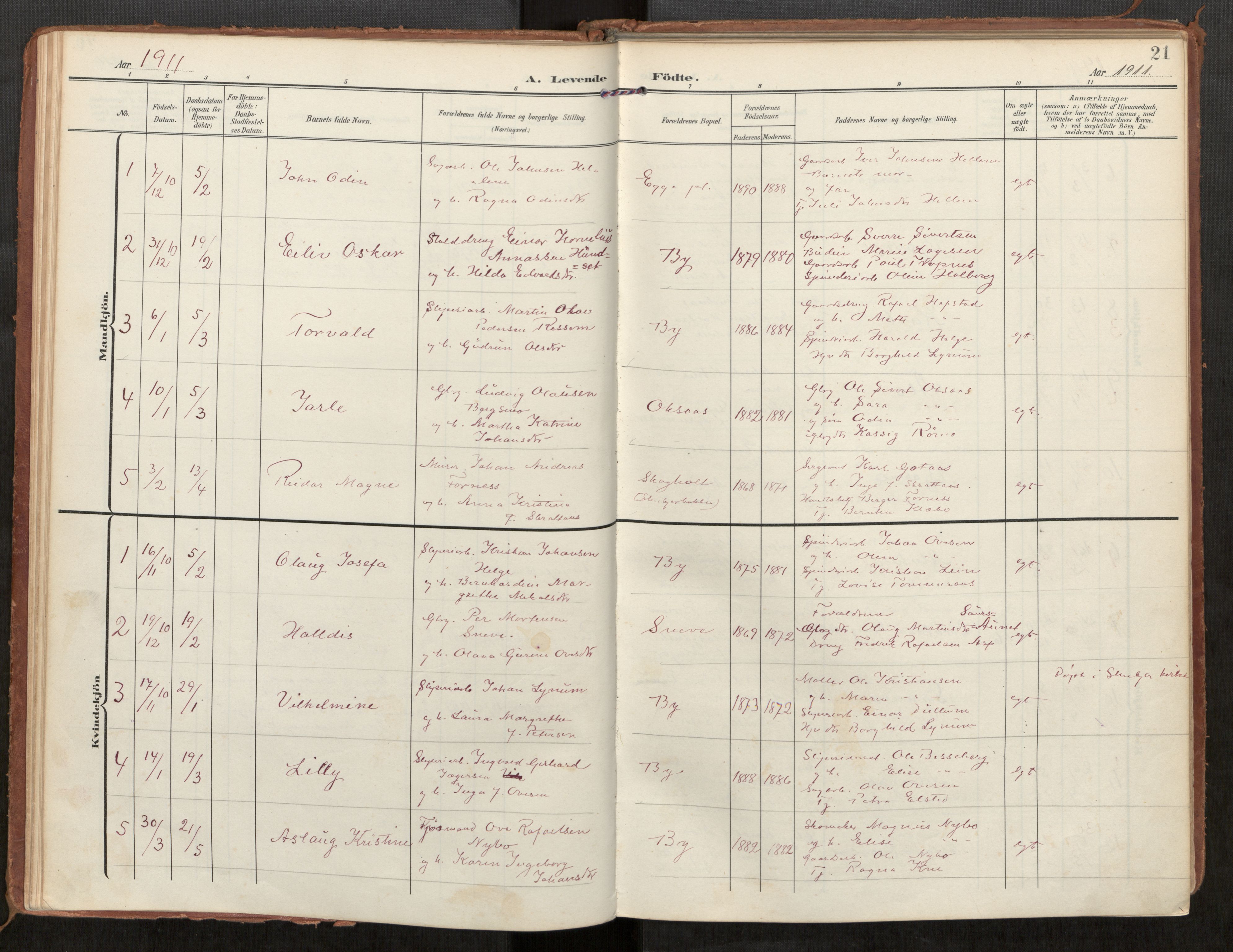 Steinkjer sokneprestkontor, AV/SAT-A-1541/01/H/Ha/Haa/L0002: Parish register (official) no. 2, 1907-1917, p. 21