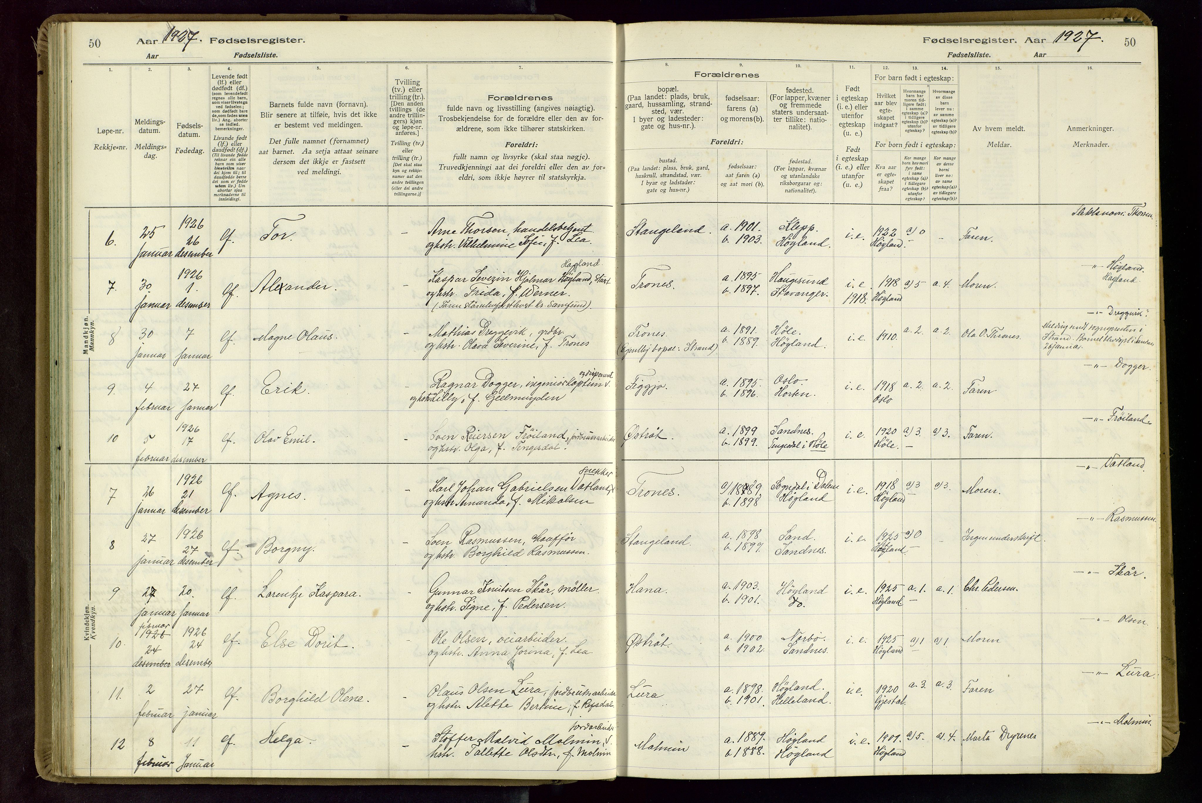 Høyland sokneprestkontor, SAST/A-101799/002/O/L0002: Birth register no. 2, 1924-1934, p. 50