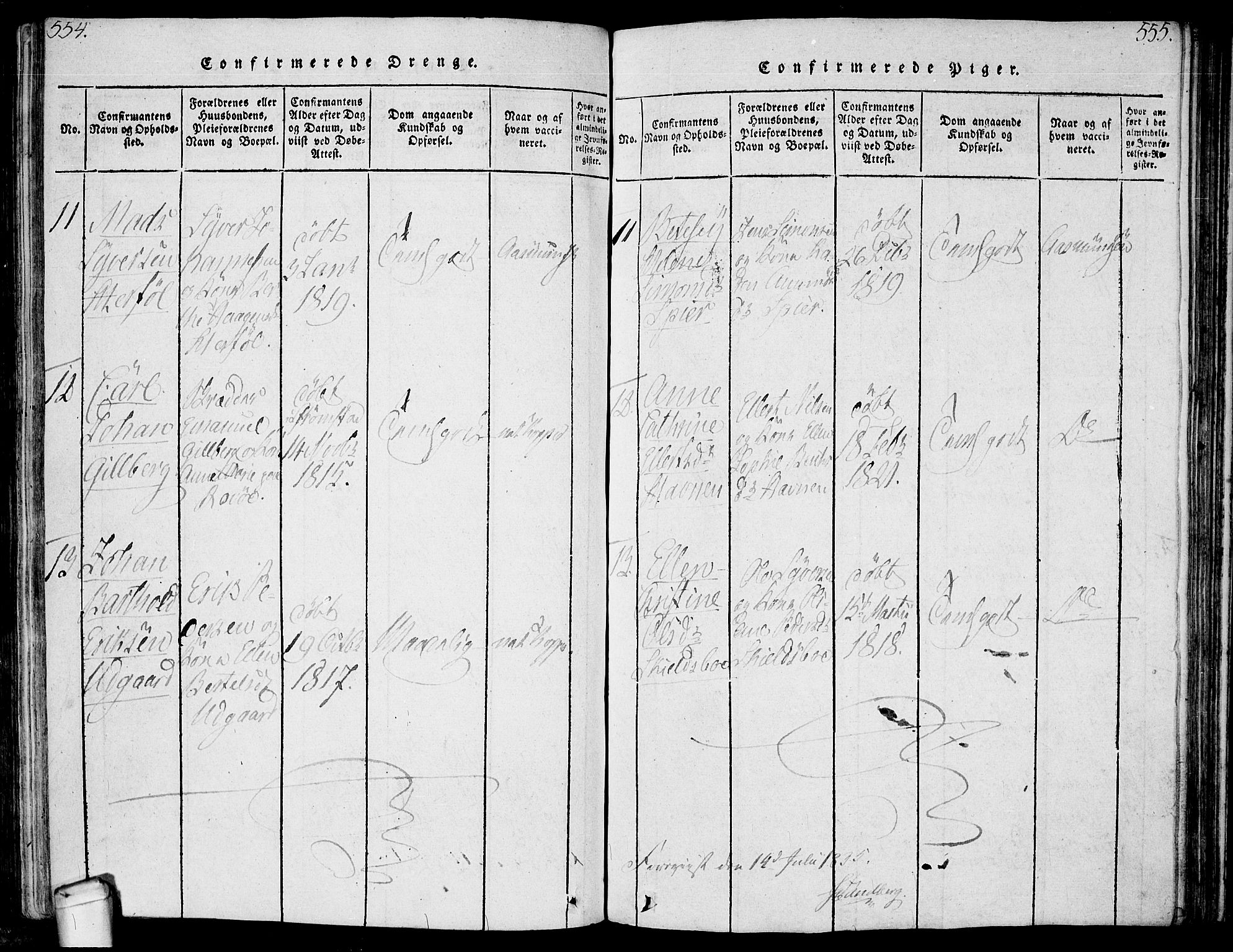 Hvaler prestekontor Kirkebøker, AV/SAO-A-2001/F/Fa/L0005: Parish register (official) no. I 5, 1816-1845, p. 554-555