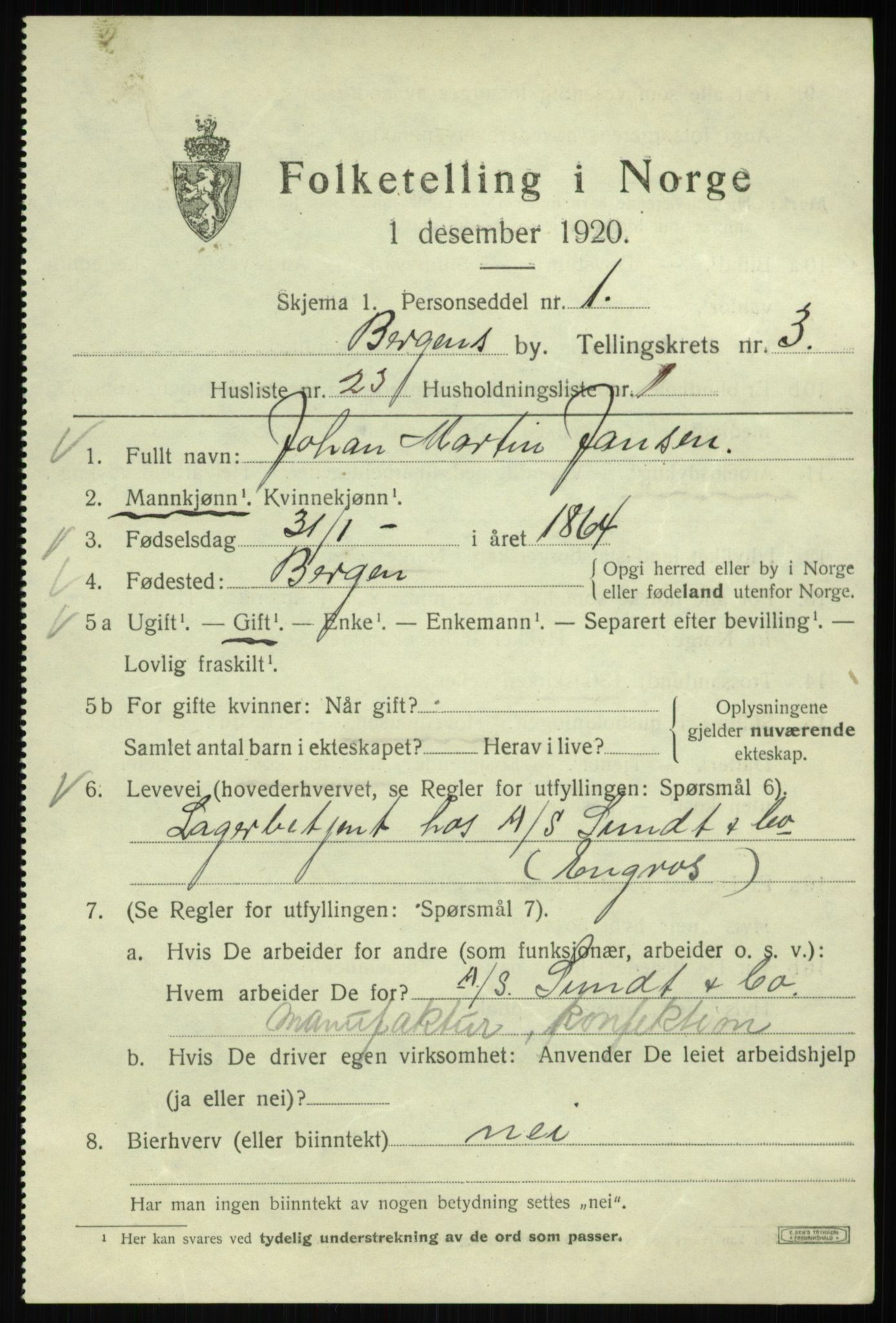 SAB, 1920 census for Bergen, 1920, p. 62121