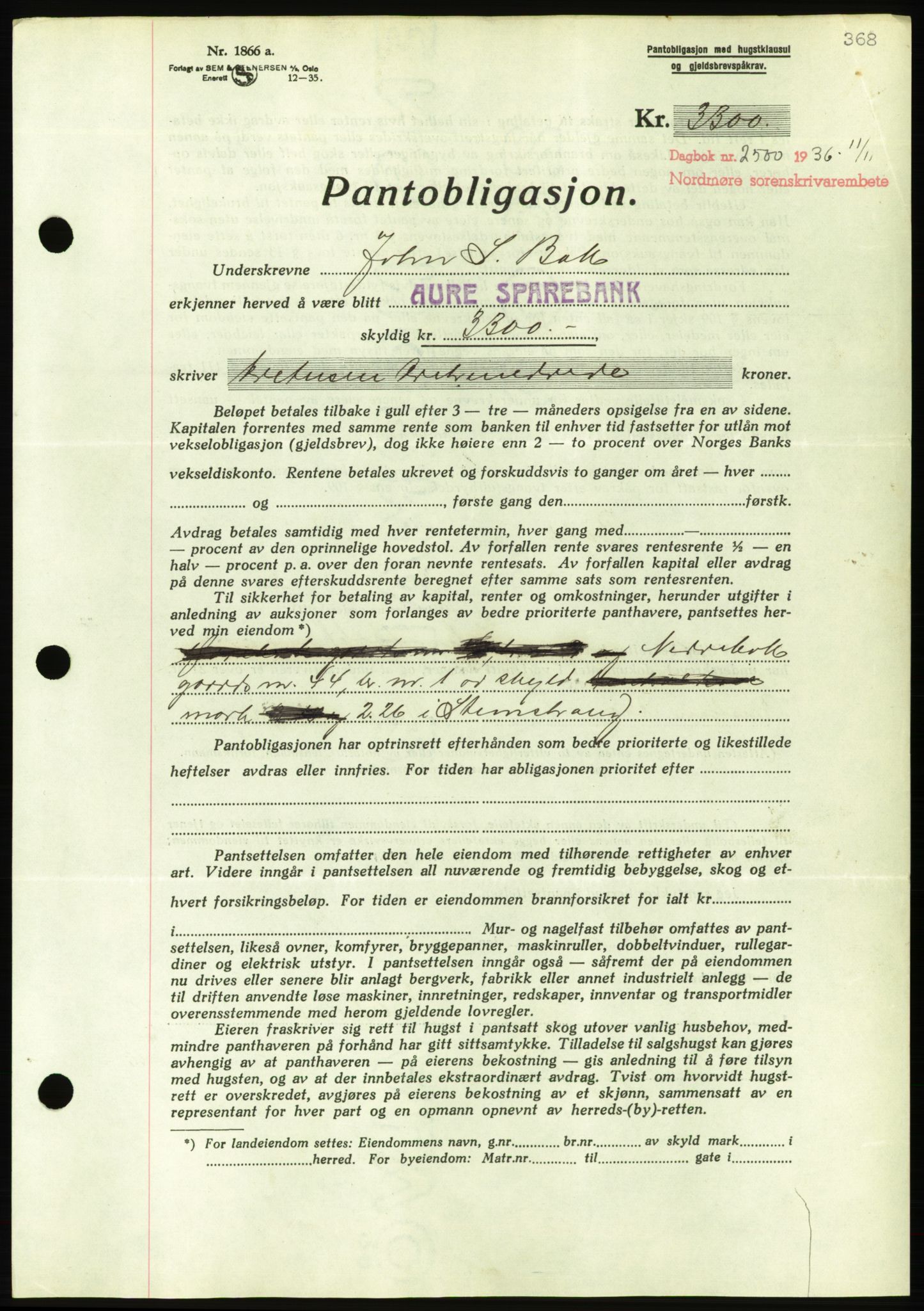 Nordmøre sorenskriveri, AV/SAT-A-4132/1/2/2Ca/L0090: Mortgage book no. B80, 1936-1937, Diary no: : 2500/1936