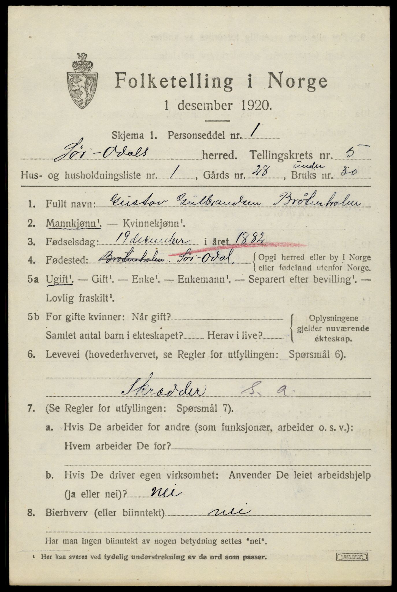 SAH, 1920 census for Sør-Odal, 1920, p. 6057