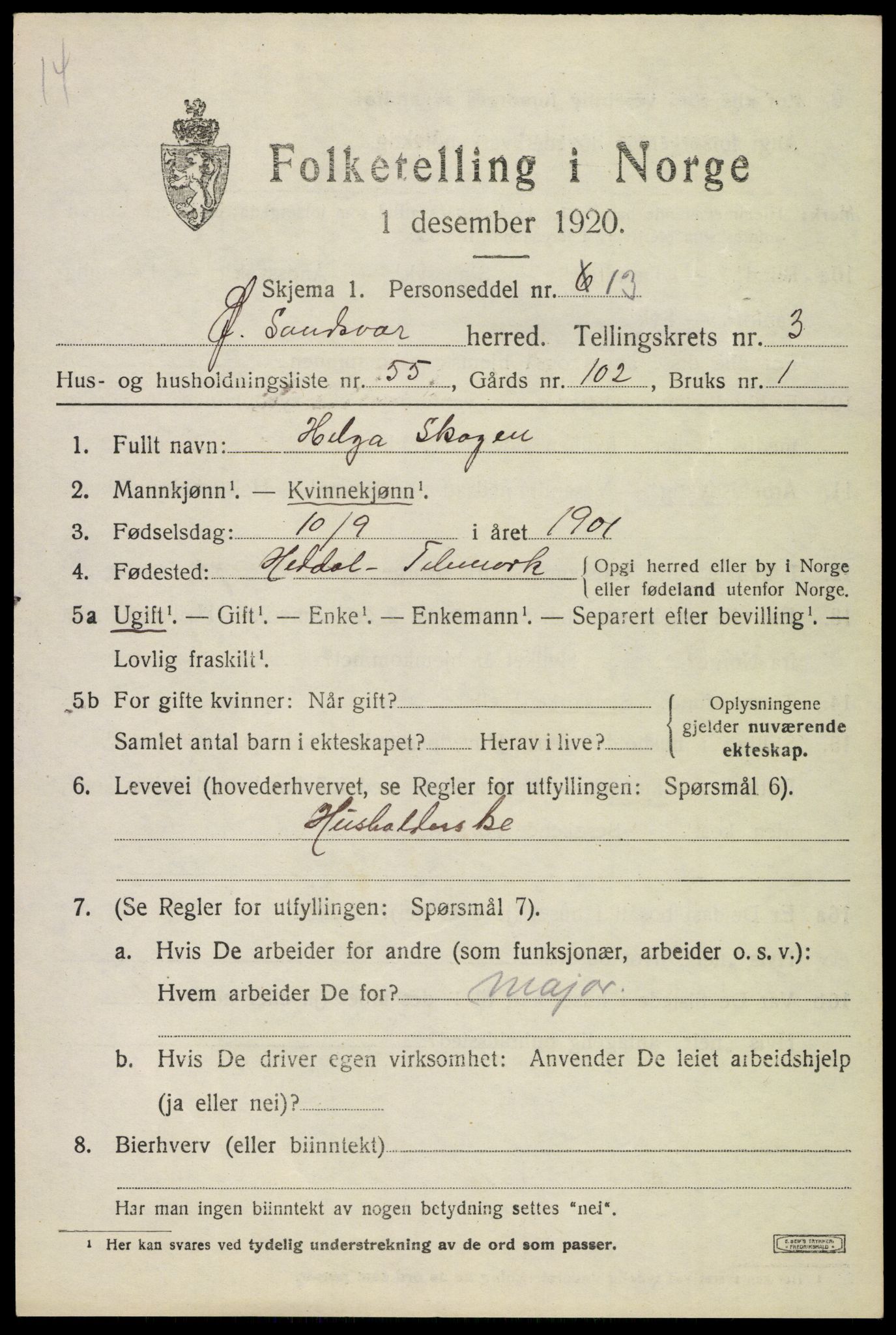 SAKO, 1920 census for Øvre Sandsvær, 1920, p. 2542