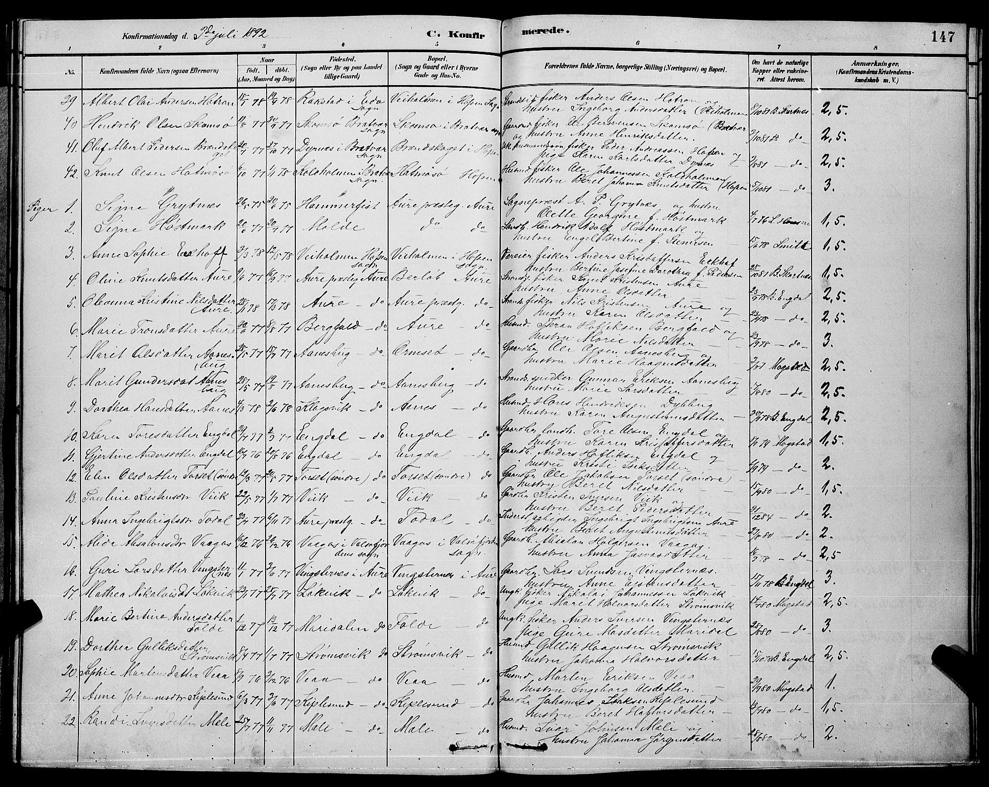 Ministerialprotokoller, klokkerbøker og fødselsregistre - Møre og Romsdal, AV/SAT-A-1454/578/L0909: Parish register (copy) no. 578C02, 1882-1900, p. 147