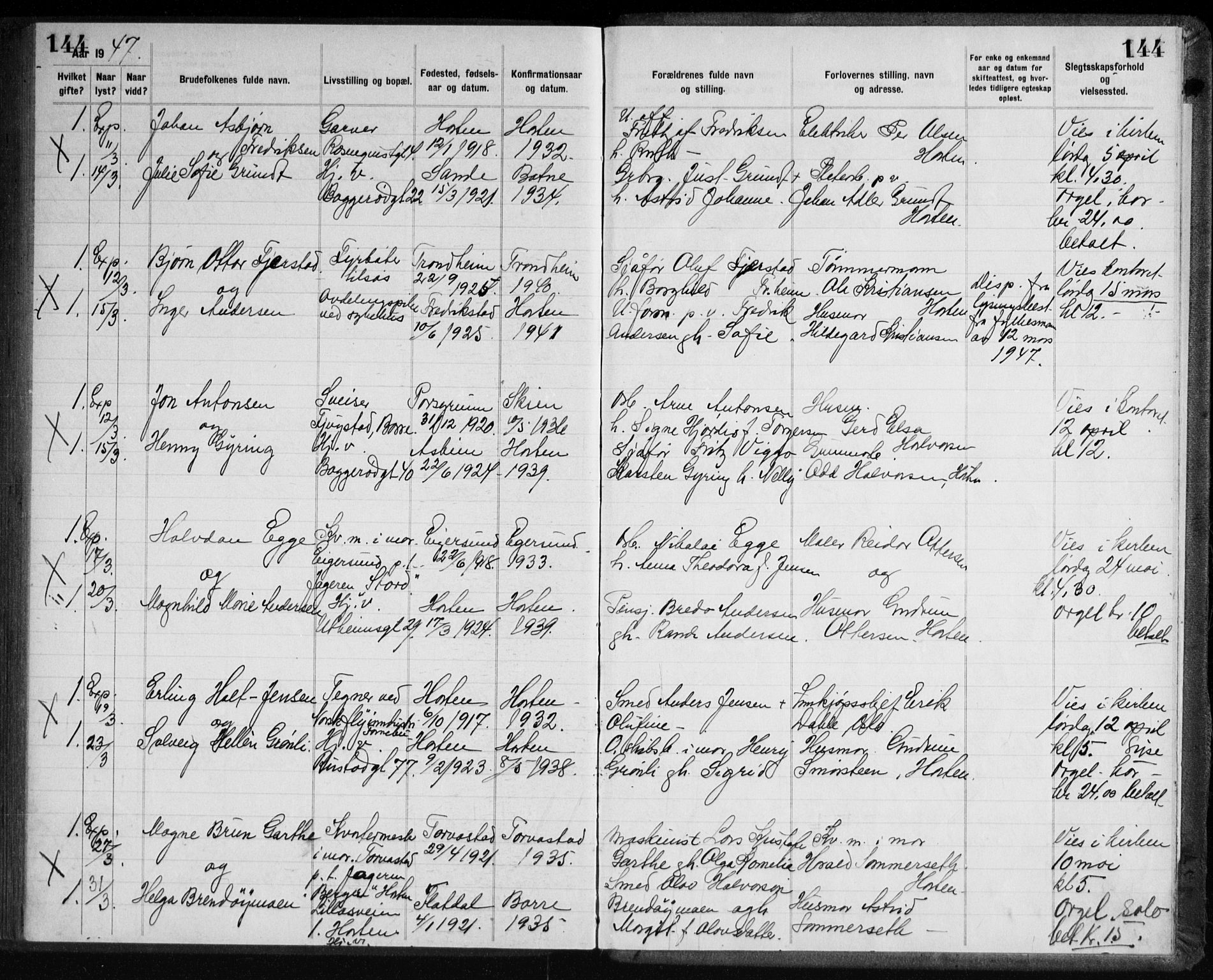 Horten kirkebøker, AV/SAKO-A-348/H/Ha/L0007: Banns register no. 7, 1934-1947, p. 144